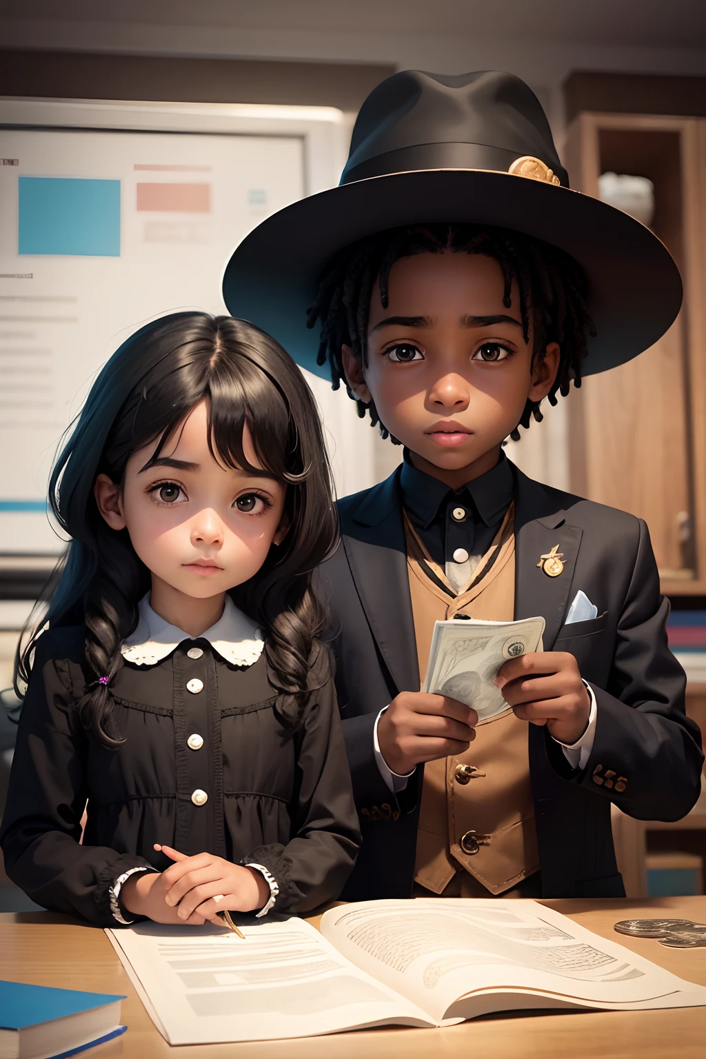 "The Mystery of Magic Money" the two black children, Sofia and Miguel, 6, discover the importance of money; "with coin in hand" and how he can make amazing things happen. Eles aprendem sobre as diferentes moedas e notas, e como cada uma tem um valor especial.