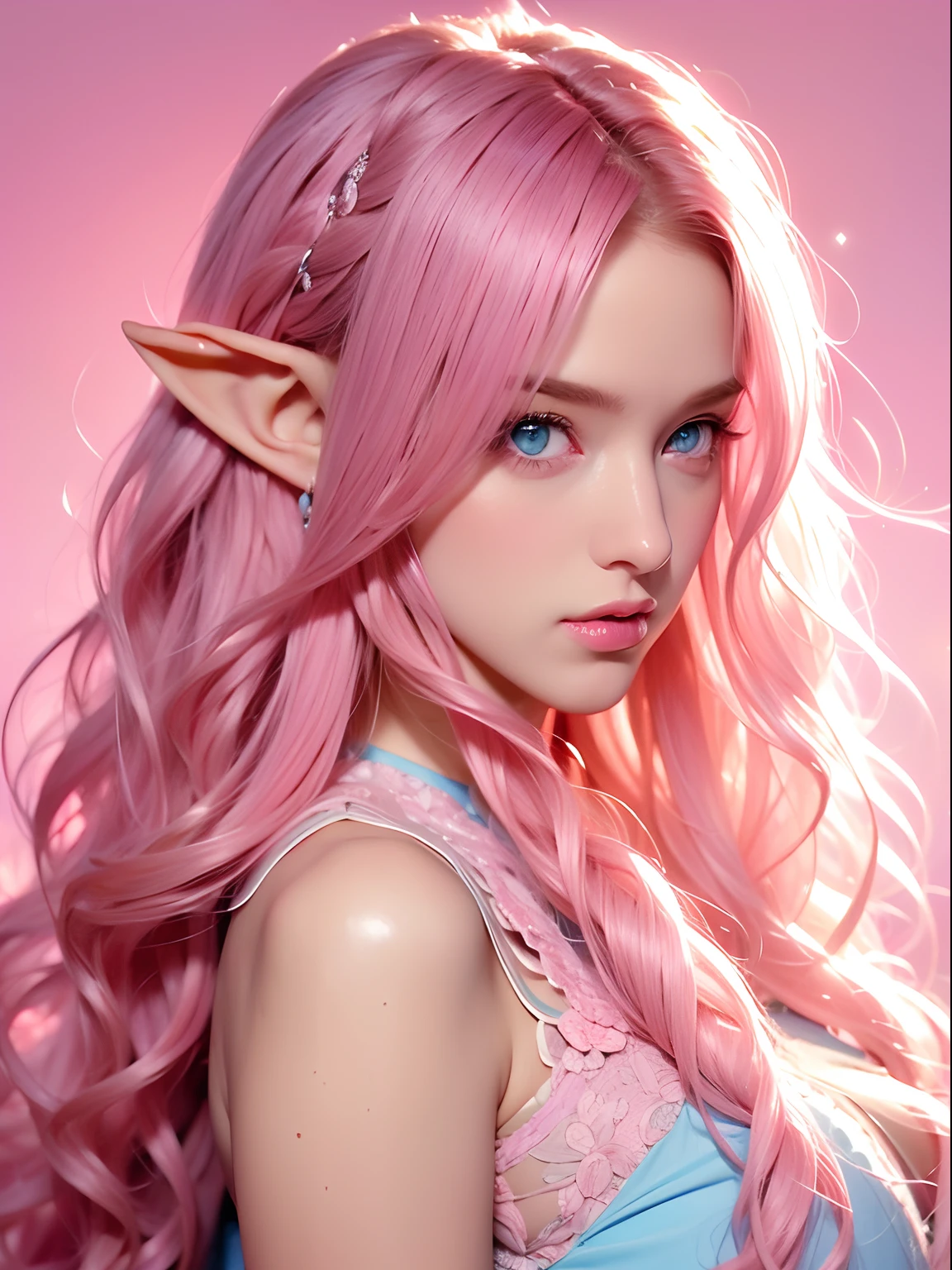 a woman, long curly hair, pink hair, blue eyes, elf, look, sexy, light pink background, magic around