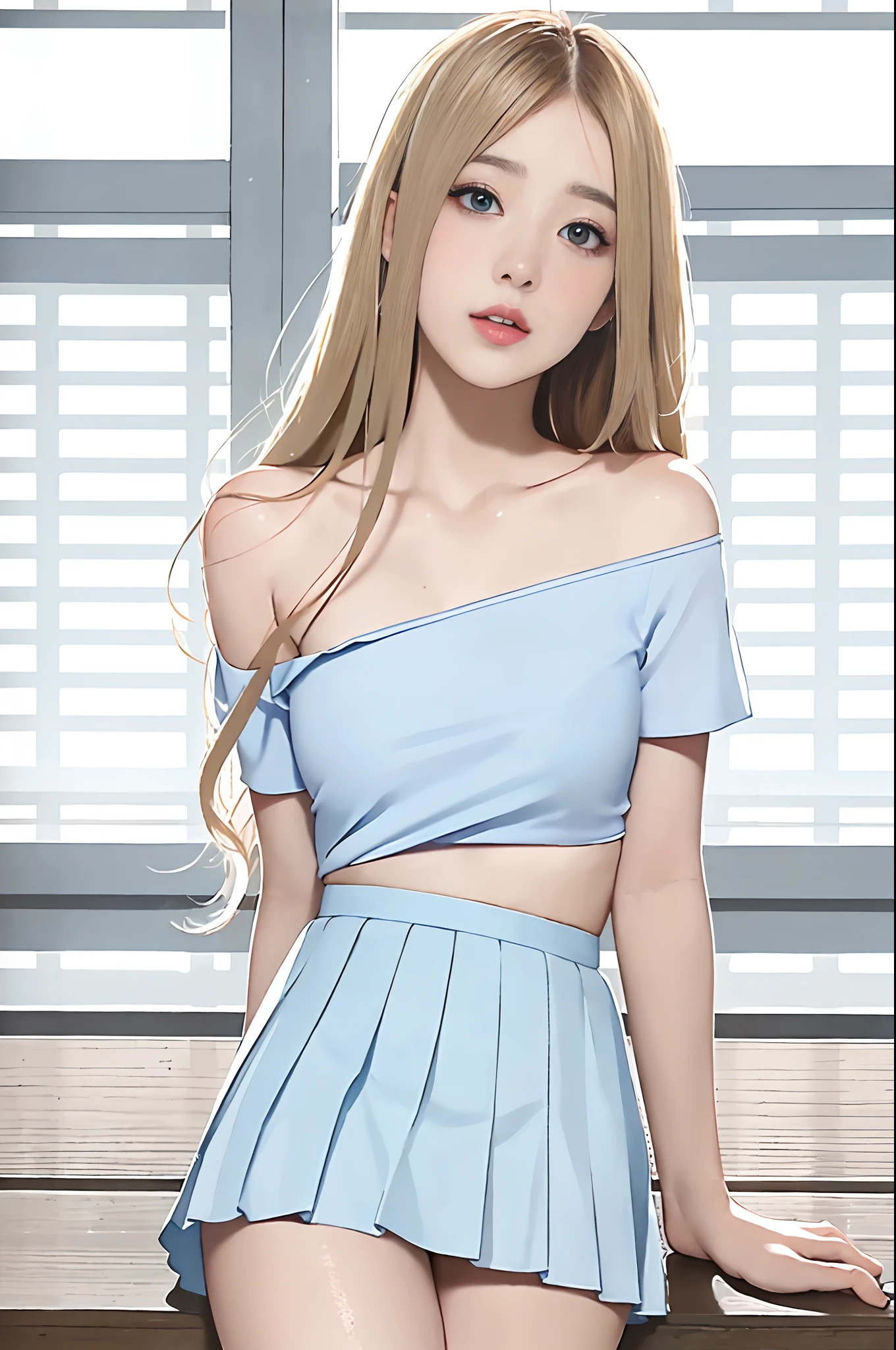((European )), beautiful girl, light blue eyes, white t-shirt with exposed shoulder, tiny blue pleated skirt, no panties, close-up from thighs to face, shot from below, very fair skin, very long hair, wavy hair , blonde hair, ancient temple, sunrise, photorealistic, indirect lighting, volumetric light, ray tracing, hyper-detailed, best quality, ultra-high resolution, HDR, 8k