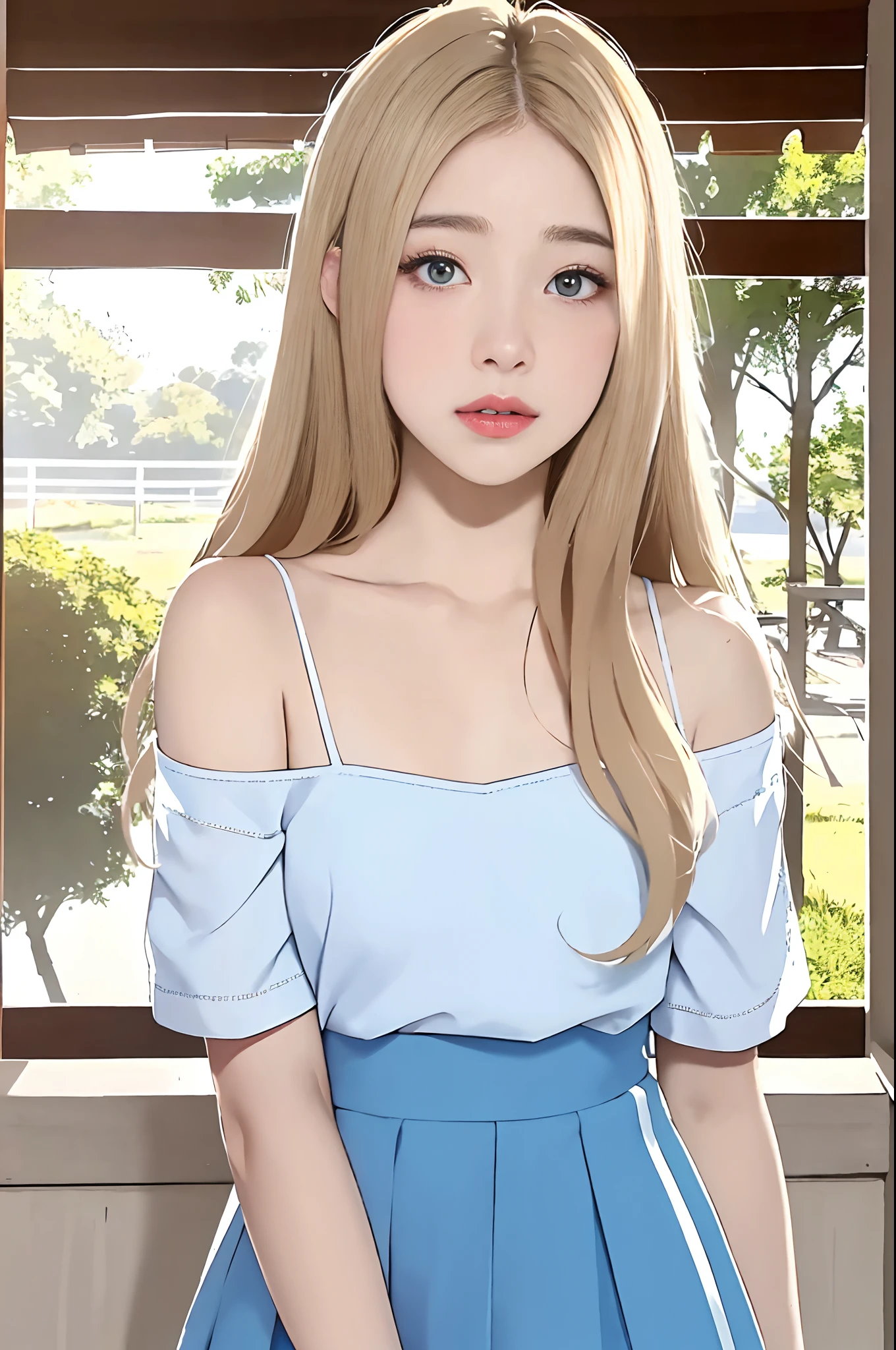((European pre-teen)), beautiful girl, light blue eyes, white t-shirt with exposed shoulder, tiny blue pleated skirt, no panties, close-up from thighs to face, shot from below, very fair skin, very long hair, wavy hair , blonde hair, ancient temple, sunrise, photorealistic, indirect lighting, volumetric light, ray tracing, hyper-detailed, best quality, ultra-high resolution, HDR, 8k