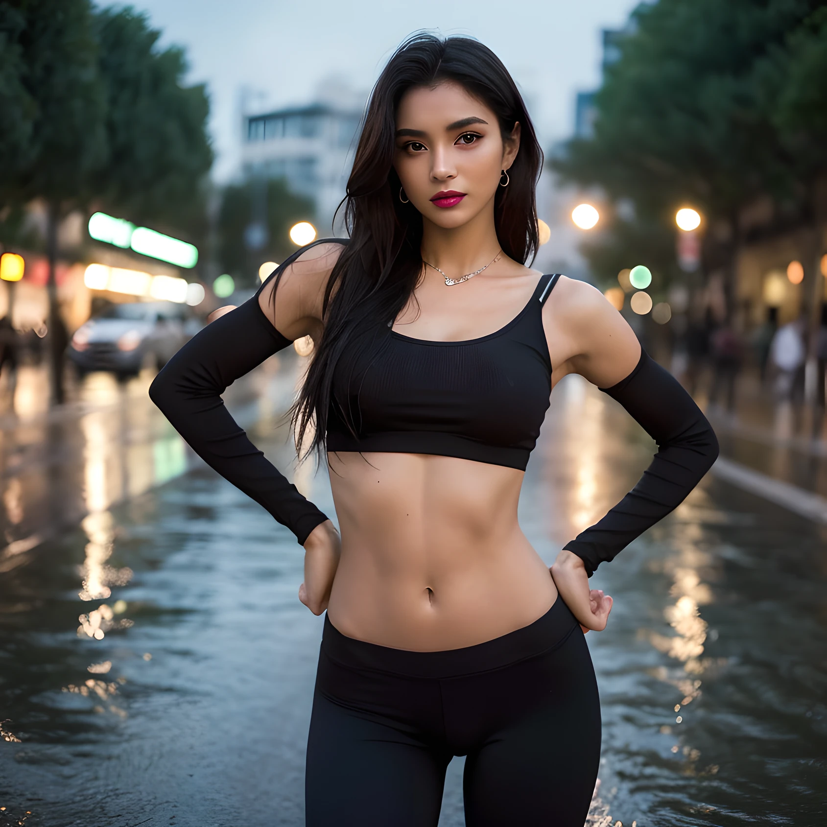 Un primer plano de una chica bronceada con piernas muy largas, cabello largo y negro, cuerpo flaco, cintura estrecha, (Abs:0.7), in public in a German city ((por la noche bajo la lluvia torrencial)) con leggings de spandex y crop top (Dark smoky eyes and lipstick ) with a reflective expression, Llevar un oscuro, vestido sin hombros y una sola, Declaration of jewelry pieces, The background should be out of focus and the feature soft, warm tonesâ (empapado) (cabello mojado, Moist body, ropa mojada)