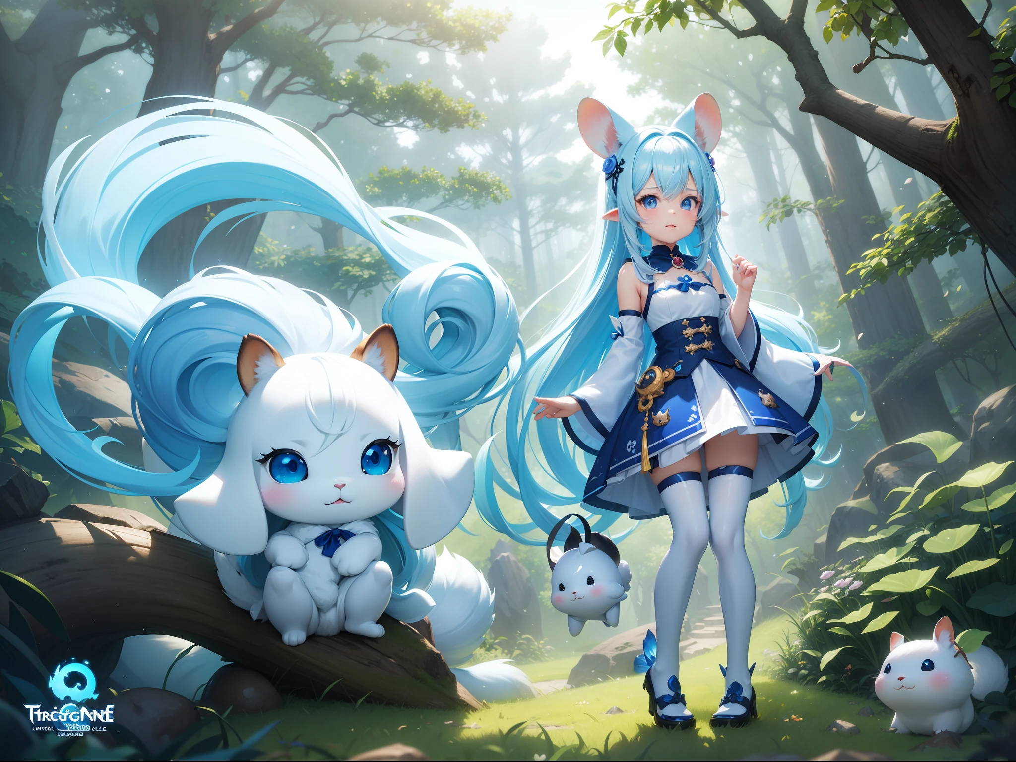 In the forest、There is a small white rabbit with long ears, White long ears、I'm with a pretty girl with long blue hair。It is a cute costume in white and blue。Dark eyes。cute forest creature, Cute mushrooms also grow、Adorable Digital Painting, cute detailed digital art, the squirrel king, Cute digital art, cute cartoon characters, cute character, CuteCreatures, Cutie, official illustrations, Official art, squirrel, maplestory mouse, astri lohne, cute 3d render