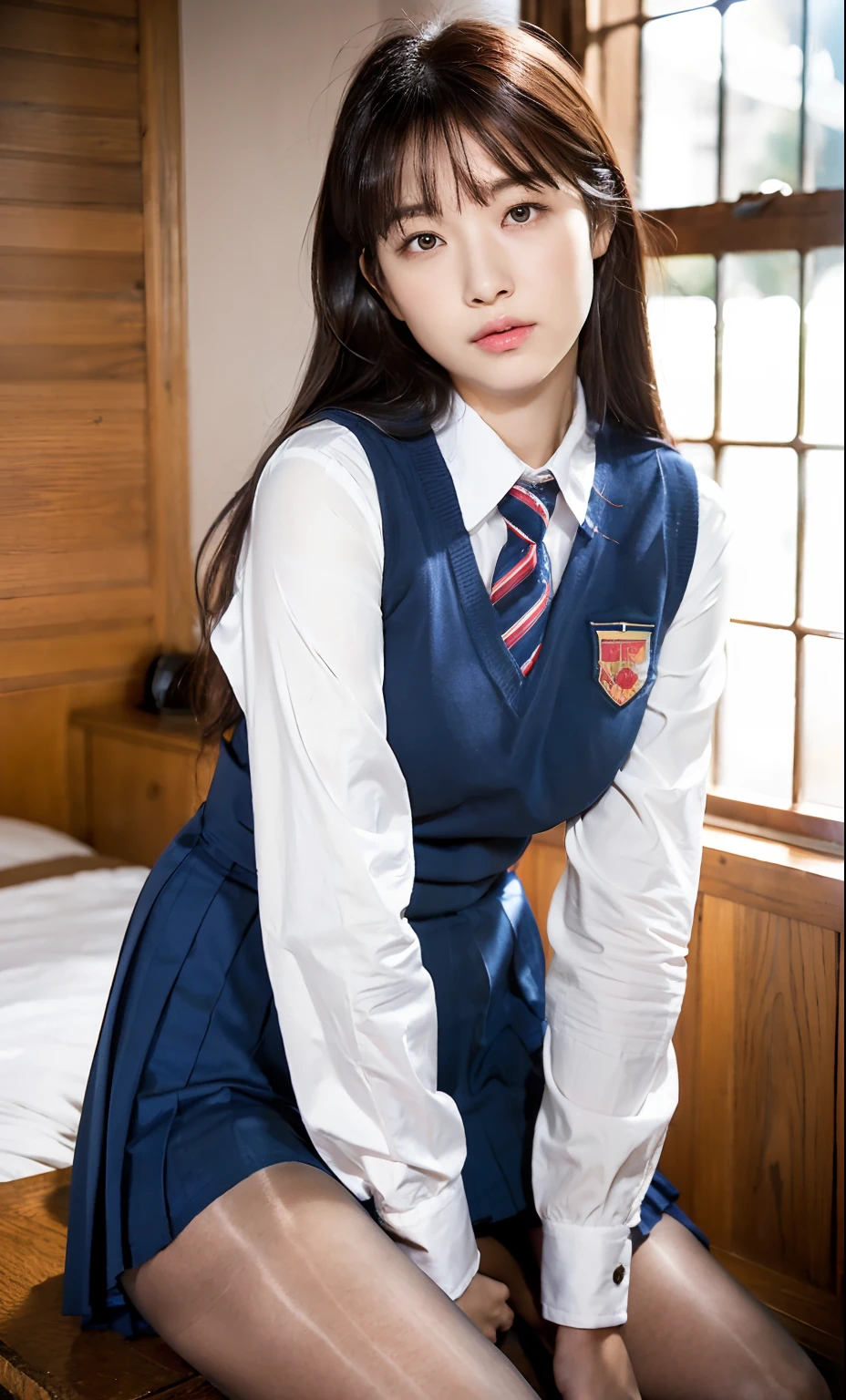 ulzzang-6500-v1.1, (Raw foto:1.2), (Photorealistic:1.4), Beautiful detailed girl, very detailed eyes and face, Beautiful detailed eyes, Ridiculous, Unbelievably ridiculous., huge file size, A highly detailed, high resolucion, Very detailed, Best Quality, Masterpiece, Chemomimi, ((Japanese girls' high school uniform)), Illustration, Very detailed, BAPV, integrated, 8K wallpaper, amazing, Fine details, Masterpiece, Best Quality, Highly detailed YTD uniform 8k wallpaper, light on the face, Cinematic lighting, 1Girl, , (()), ((Dynamic Pose))), (camel toes), (half), (Pantyhose), (Kneeling and sitting with your legs bent))