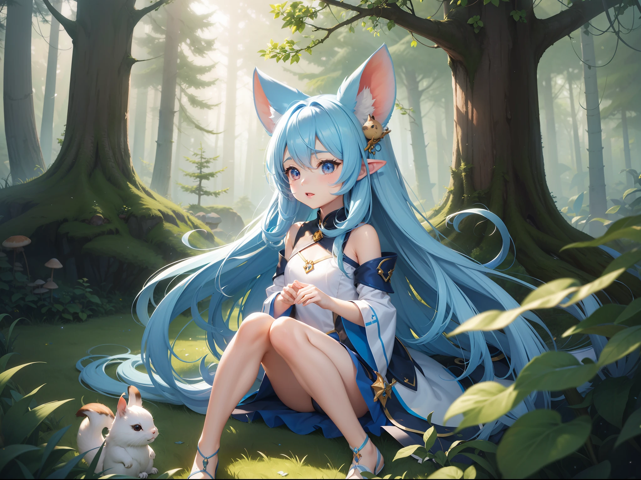 There are small white rabbits with carrots and long ears, White long ears、I'm with a girl with long blue hair and a chibi character。It is a cute costume in white and blue。Dark eyes。cute forest creature, Cute mushrooms also grow、Adorable Digital Painting, cute detailed digital art, the squirrel king, Cute digital art, cute cartoon characters, cute character, CuteCreatures, Cutie, official illustrations, Official art, squirrel, maplestory mouse, astri lohne, cute 3d render
