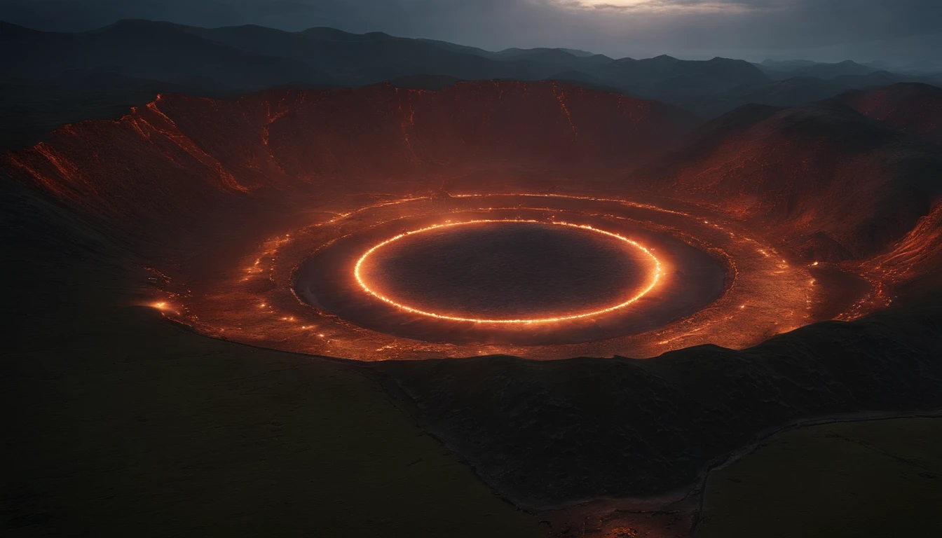 El infierno de Dante, vista aerea, Dante's Circles of Hell , Aerial view of the circles of hell, Alto detalle, hiperrealista, Hyper Intrincate detallado, Stunningly Detailed, En lo profundo del infierno, CryEngine, Global iluminado, Hiperresolución
