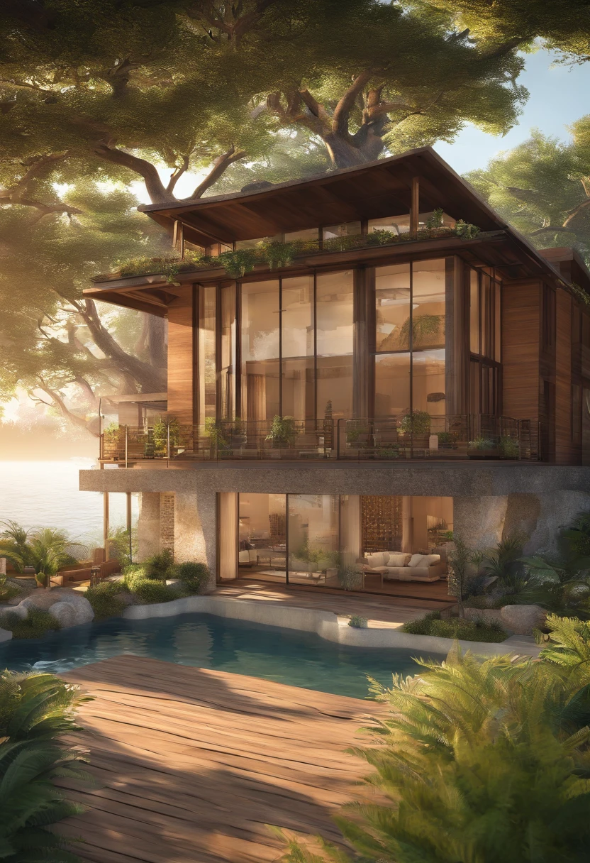 casa de madeira italiana , no meio da selva, com um lago em frente