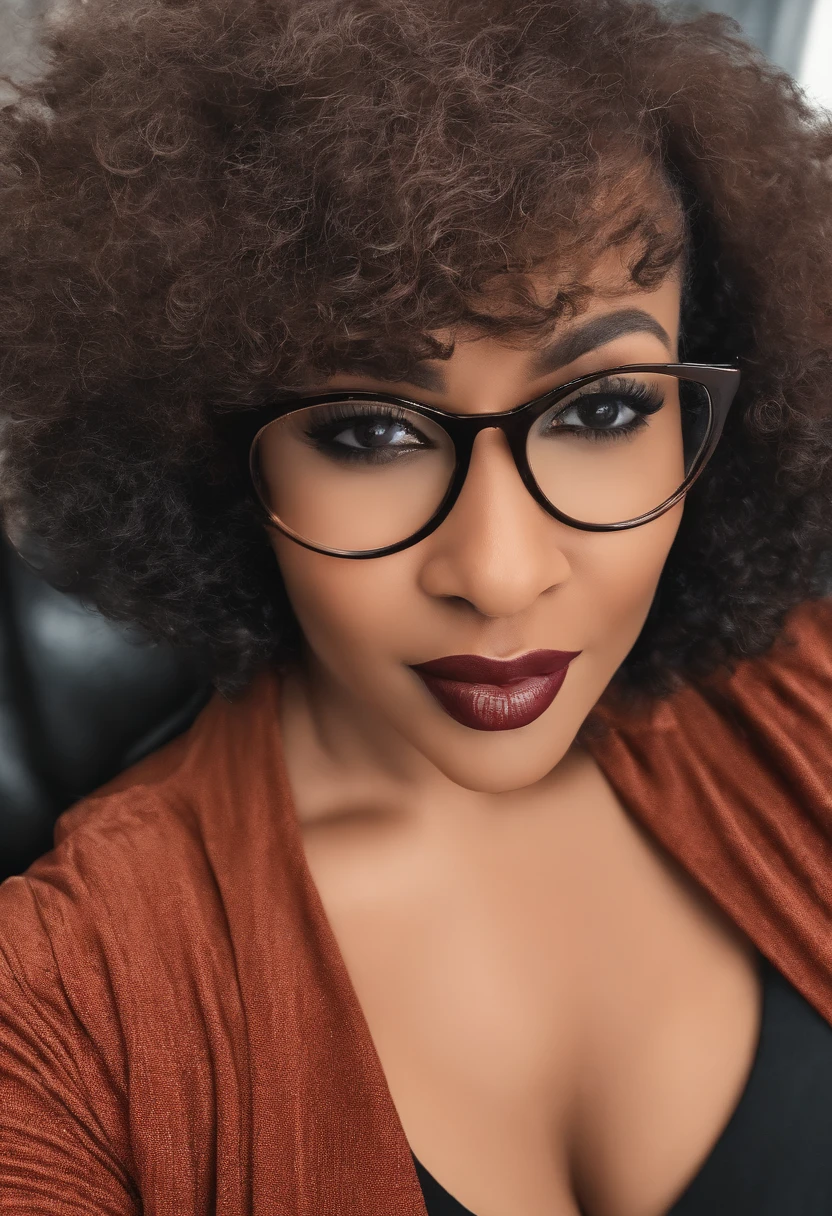 ((masterpiece, best)), (1girl),South African, age 19, (mature woman), short hair, open-chest seduction, flared, , bangs, big breasts, glasses lady, (full), slim, smile, [wide hips], office, standing, 8K picture quality, sexy seduction,wearing lingerie
