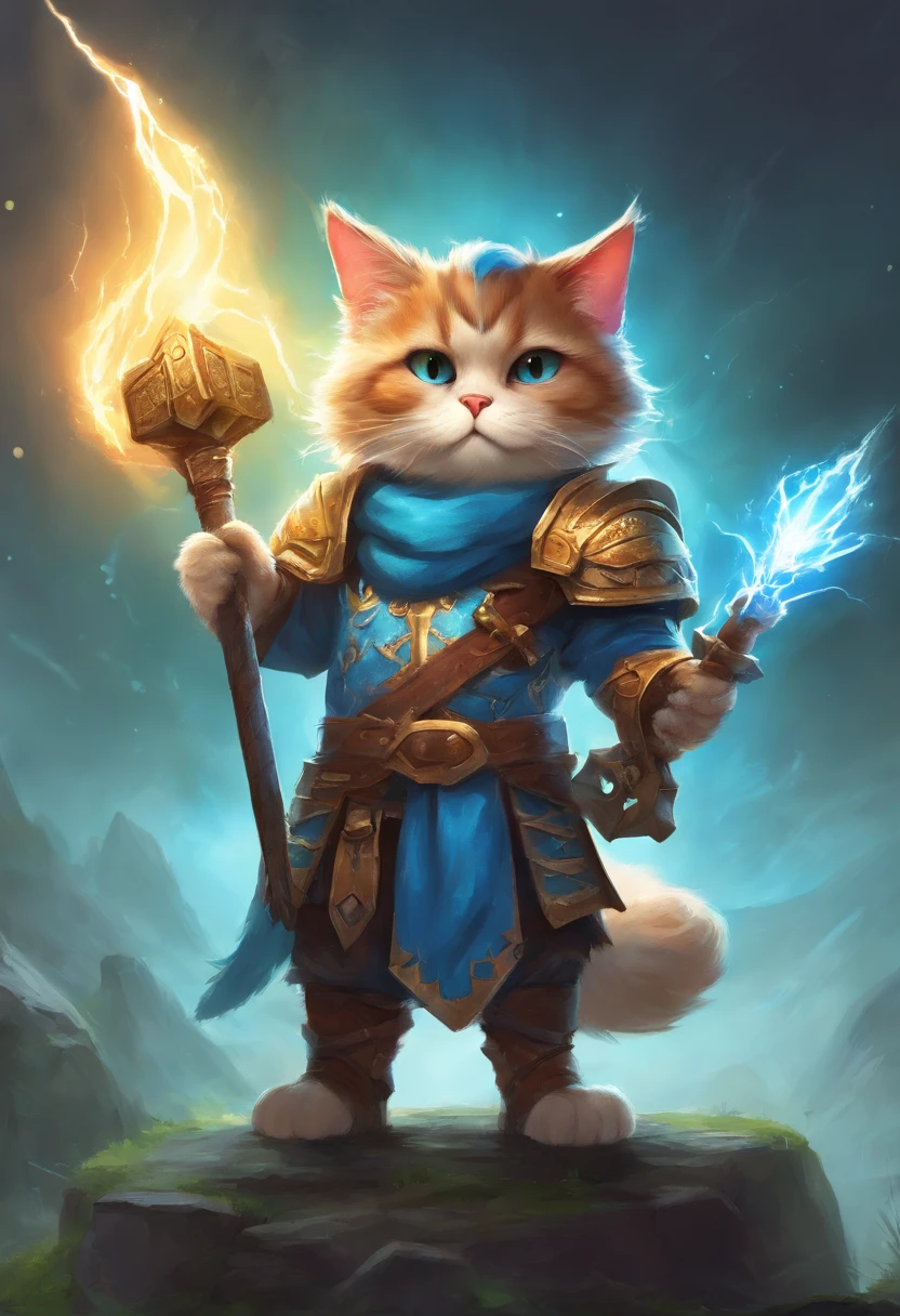 Grumpy Smurf cat holding giant lightning war hammer and wearing leather armor