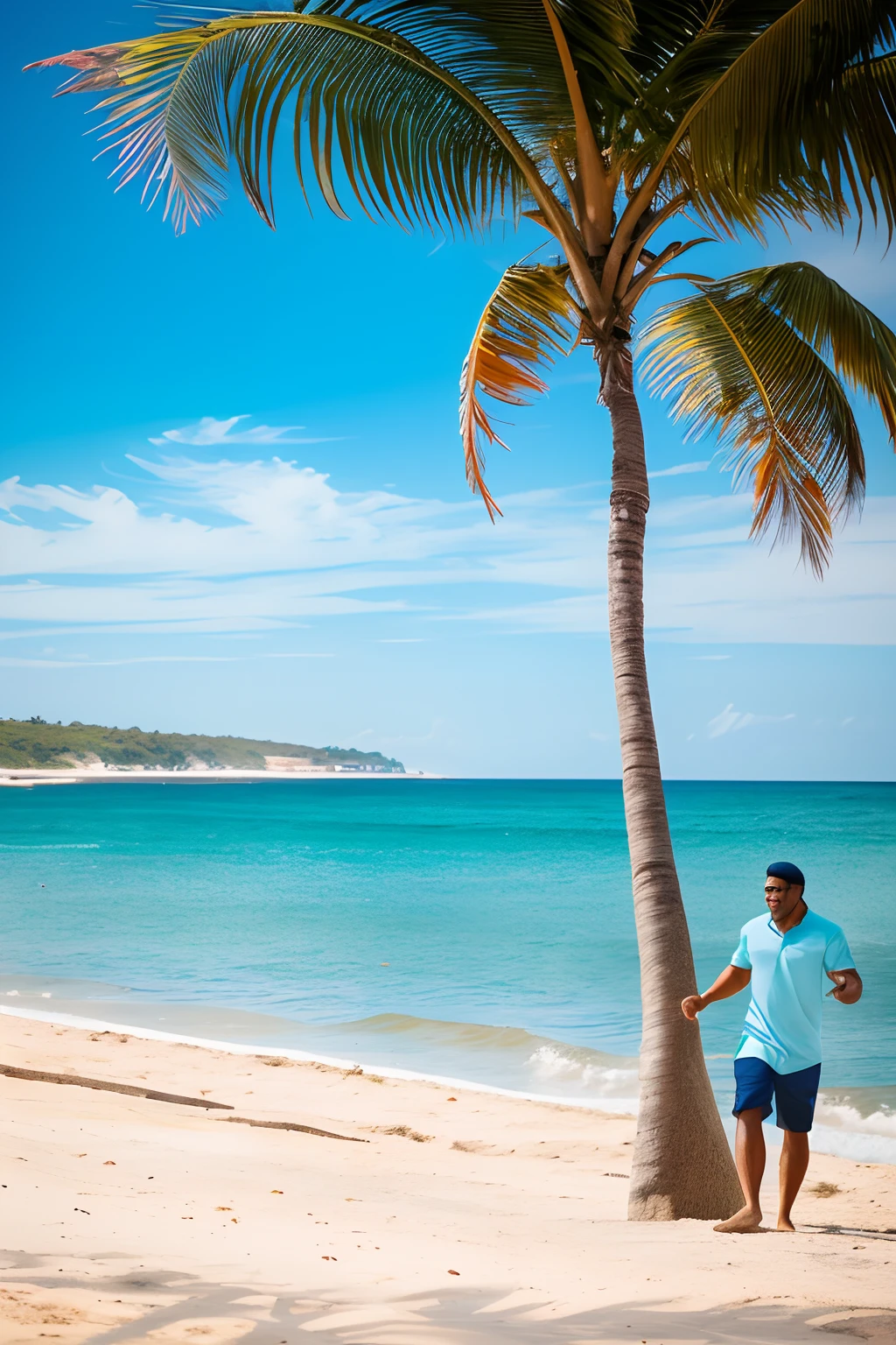 The man is on a surfboard and has an island in the background with a white brontosaurus on it.