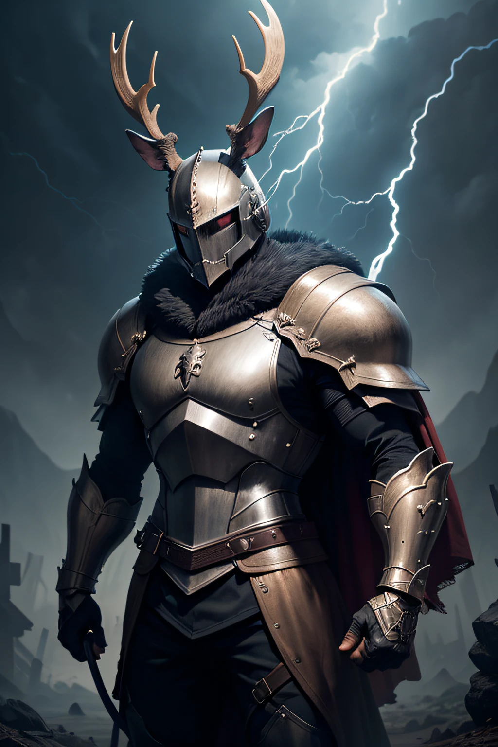 dog knight man, short hair, work out, jackalope antlers, dark atmosphere, storm with light, dark armor dog on it(masterpiece, best quality),