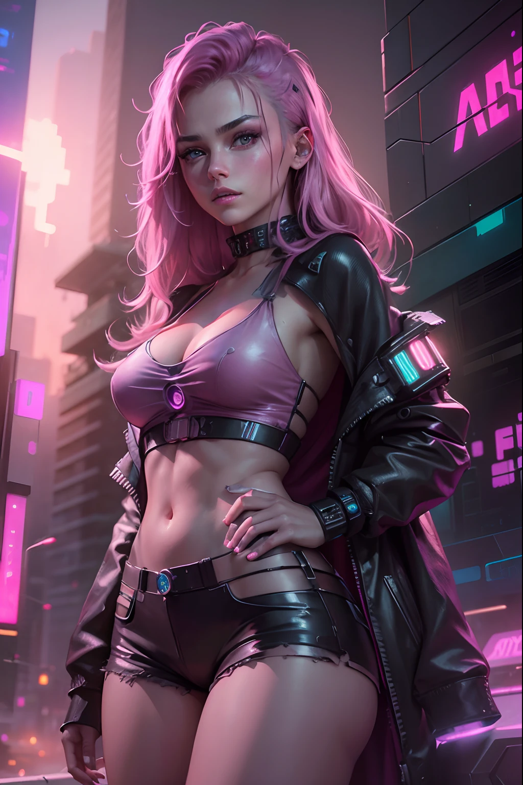 cyberpunk, night city, dystopian future, sci-fi, (8k), (best quality), (masterpiece:1.2), (realistic), (photorealistic:1.0), ultra-detailed, 1girls, naked, , cute, topless, very thin, beautiful detailed eyes, beautiful detailed nose, full body, realistic skin texture, attractive face, short hair, pink hair