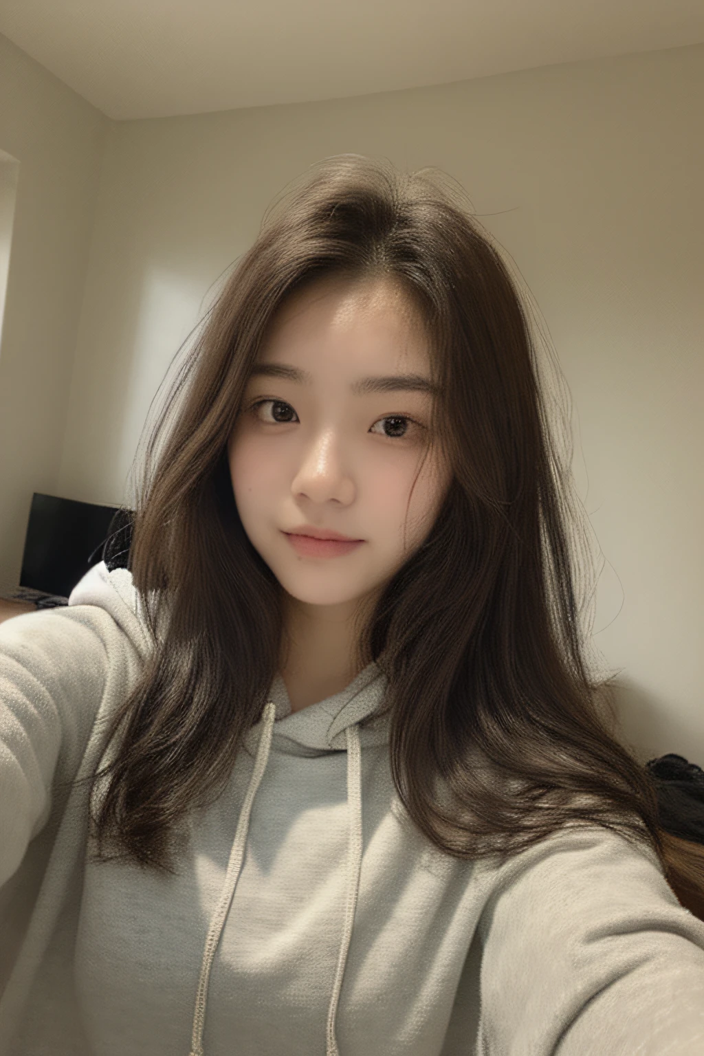 ((top quality, 8k, masterpiece: 1.3)), 1 girl, average beauty with accentuated slim abs: 1.3, (casual hairstyle, big: 1.2), casual wear: 1.2, closed hoodie, interior, bedroom, super detailed face, delicate eyes, double eyelids, small soft breasts, smile, teenage girl, long disheveled hair, big eyes, young average korean woman, 18 years old, facing forward, arm extended taking a selfie, slight film grain, little to no makeup, grey wallpaper on wall behind