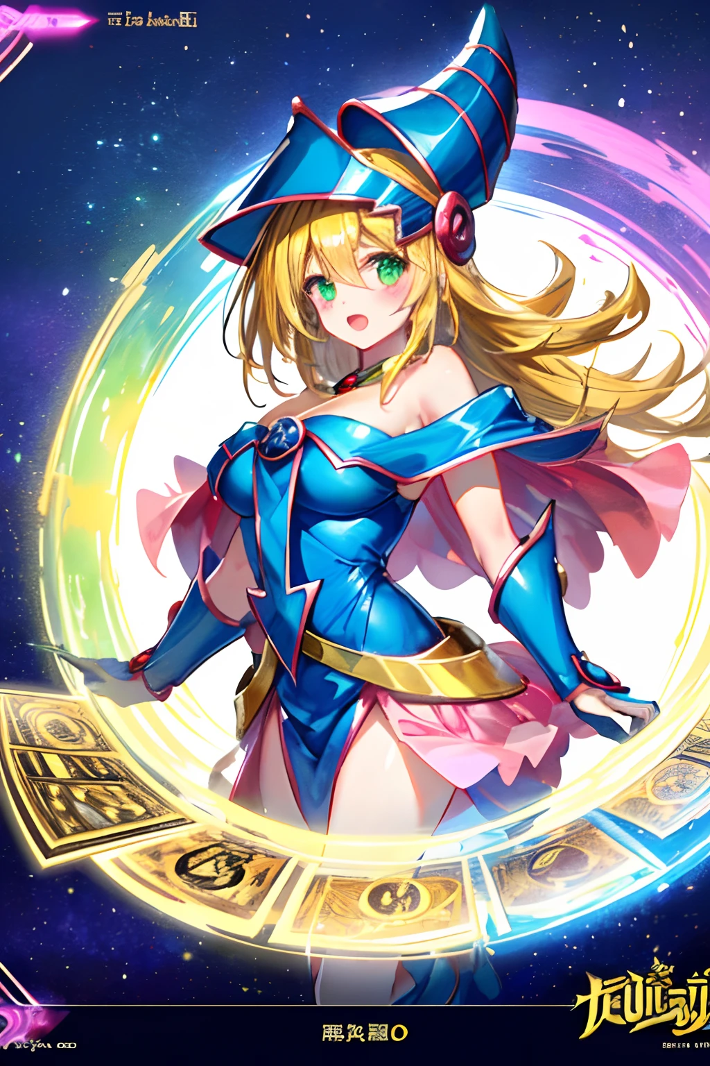 Una chica maga oscura flotando tiernamente, magical aura, fantasy background, Runa brillante, (( una tarjeta Yu-Gi-Oh debajo de ella)), dando una vibra de que fue convocada,epic composition, (Detalles complejos), (complex design, Ultra-detalles :1.2), Art Station, (Obra maestra, La mejor calidad), Ultra HD, 32K ,Renderizado de octanaje, bioluminiscente,8k resolution concept art, realismo,por Mappa studios,Obra maestra,La mejor calidad,Arte Oficial,illustration,clear line,(fresco_Color),perfect composition,absurdos, fantasy,( debajo de ella hay una tarjeta de Yu-Gi-Oh), Diagrama