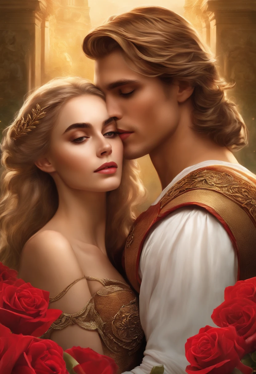A picture of a charming prince holding a rose, Disney Beauty and the Beast reference, enchanting and gentle smile, dressed in golden shimmering dress, half body::4, charismatic and romantic demeanor, and regal appearance, Digital Art style, art by Martin Ansin, magical and ethereal soft focus portrait, captivating eyes and chiseled features, front view::, 16k, ultra hd --ar 9:16 --q 2 --niji 5
