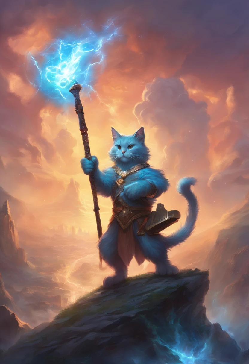 Smurf cat holding giant war hammer that channels lightning