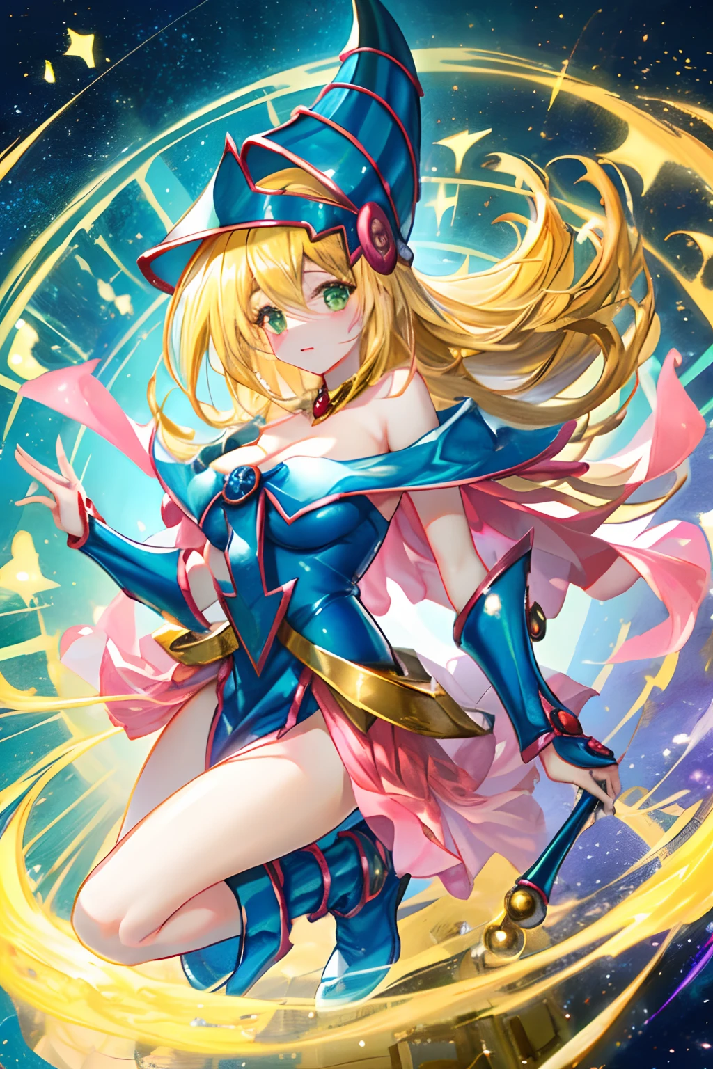 Anime star magic girl, sparkling magic girl, portrait of the magic girl, Beautiful celestial mage, magic , anime goddess, celestial magic girl, rich and colorful gradient layered magic costume, (rich and colorful), whimsical, Lovely, small breasts，open navel，Bare thighs，camel toe，whole body