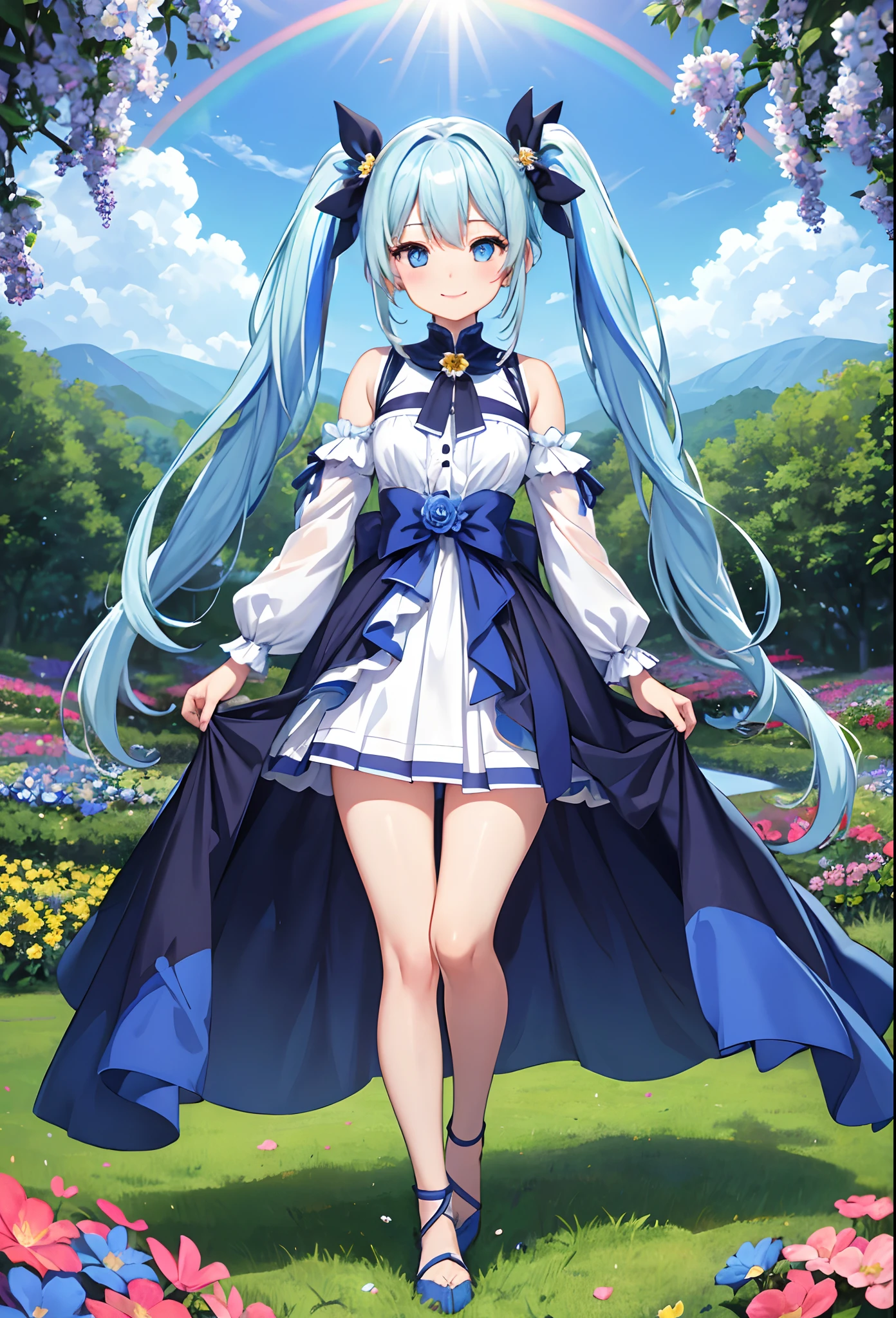 ​masterpiece:1.2、hightquality、top-quality、hight resolution、detaileds、A hyper-realistic、1girl in、long hair with light blue twin tails,,,,,,,,,、Beautiful blue eyes、Standing in a flower garden、colorful outfit、blue-sky、full body Esbian、rainbows、Lovely smile、Cosmos flower、(A detailed face)、((foco nítido))、