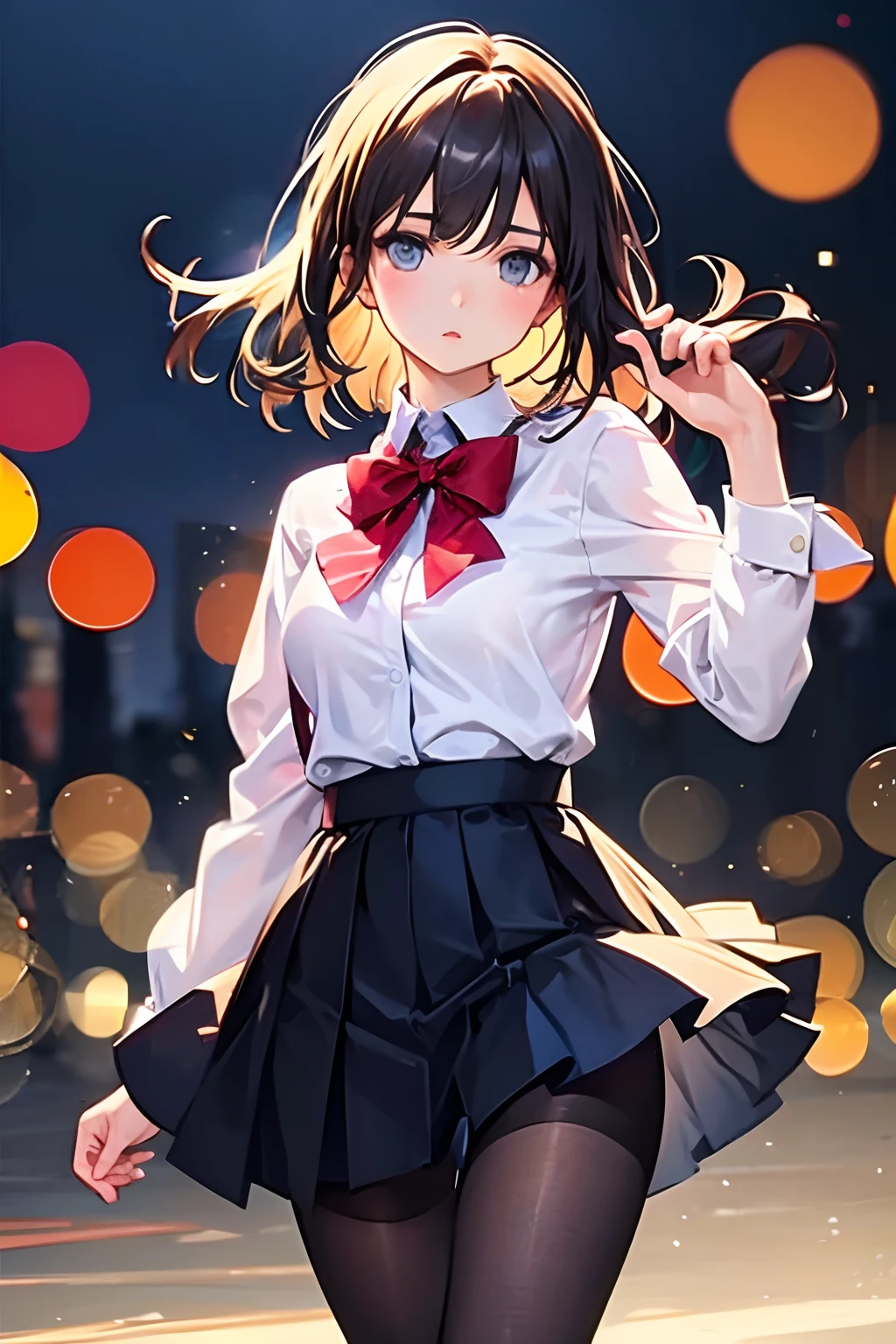 1girl, (looking at viewer), (bokeh:1.1), parted lips,expressionless, realistic, arm up, tights,
skirt, skyline,
realistic,