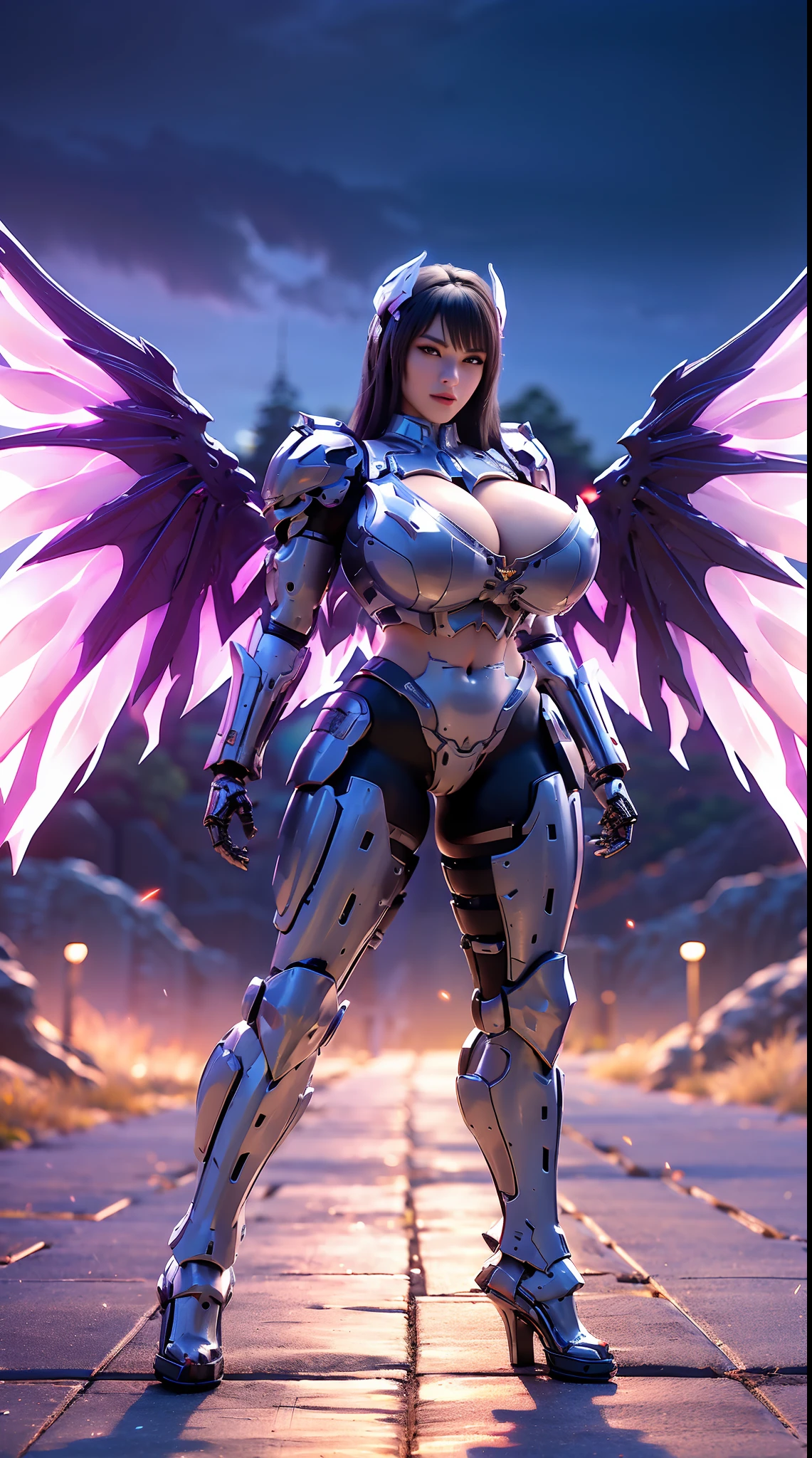 (DRAGON HEAD), HUGE FAKE BOOBS, (BEAUTIFUL FACE), (BLACK HAIR), (PURPLE:1.2, WHITE:0.8, RGB:1), (CROP TOP MECHA ARMORED GEAR), (((A PAIR OF HUGE MECHANICAL WINGS SPREAD OUT))), FUTURISTIC DRAGON MECHA SUIT, (CLEAVAGE), (SKINTIGHT YOGA PANTS), (PERFECT BODY:1.2), (FULL BODY VIEW), FRONT, (STANDING:1), (MECHANICAL HIGH HEELS), MUSCLE ABS, UHD, 8K, 1080P.