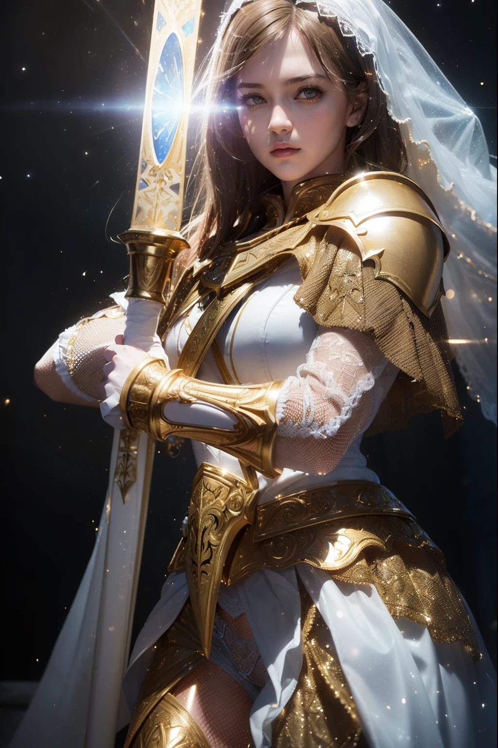 Girl (((From face to the waist view::1. 4))), realistic skin texture, in complex & hyper detailed white & golden valkyrie costume and armor with cape (((light glow effect))) holding a fencing sword and a guidon flag, dinamic panning photography move::1, midnight hour illuminationr, (masterpiece), best quality, perfect pretty face, 8k