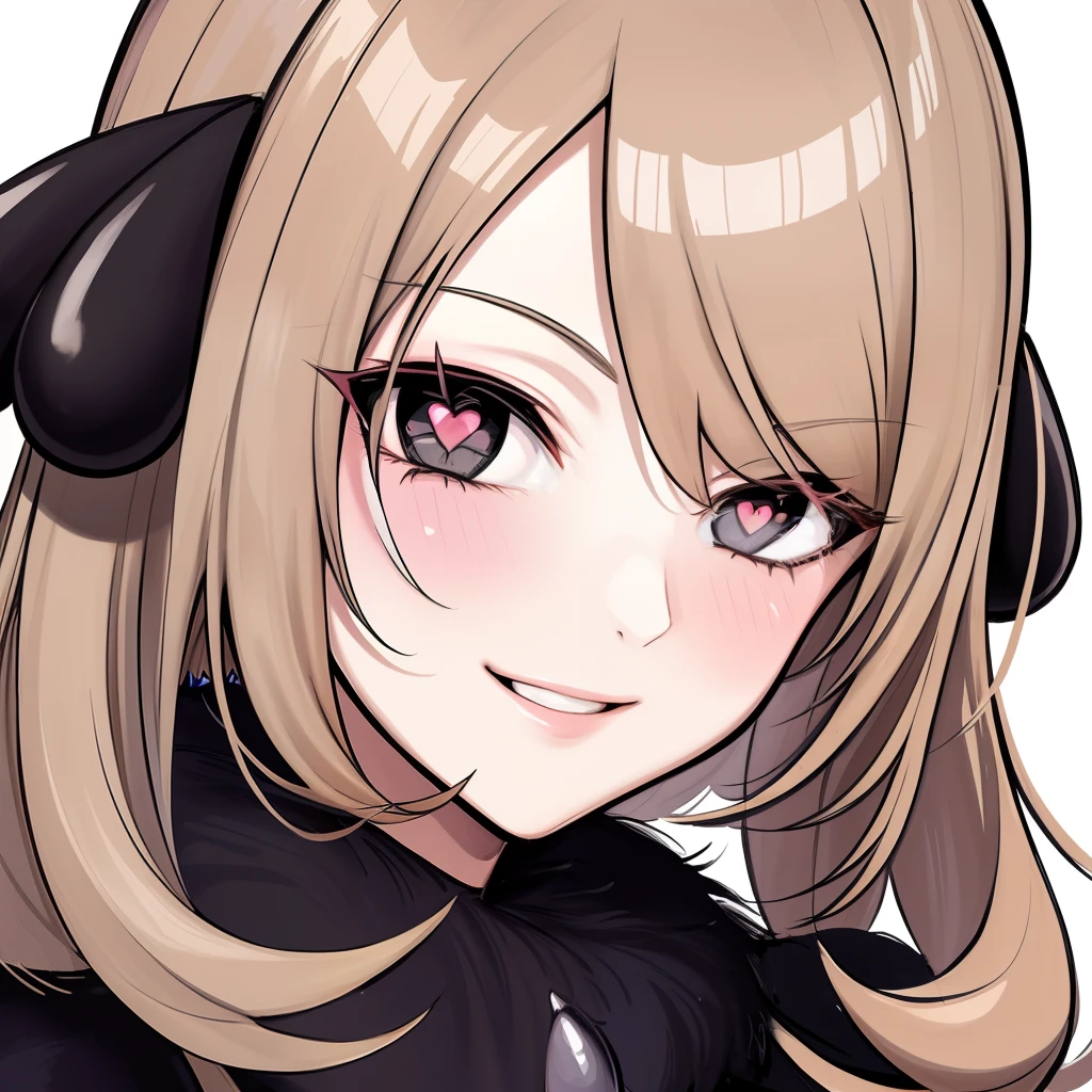 (masterpiece), (best quality)
BREAK cynthia \(pokemon\), fur collar, black coat, fur-trimmed coat, black shirt, black pants, looking at viewer, smile, close up, face close up, heart-shaped_pupils