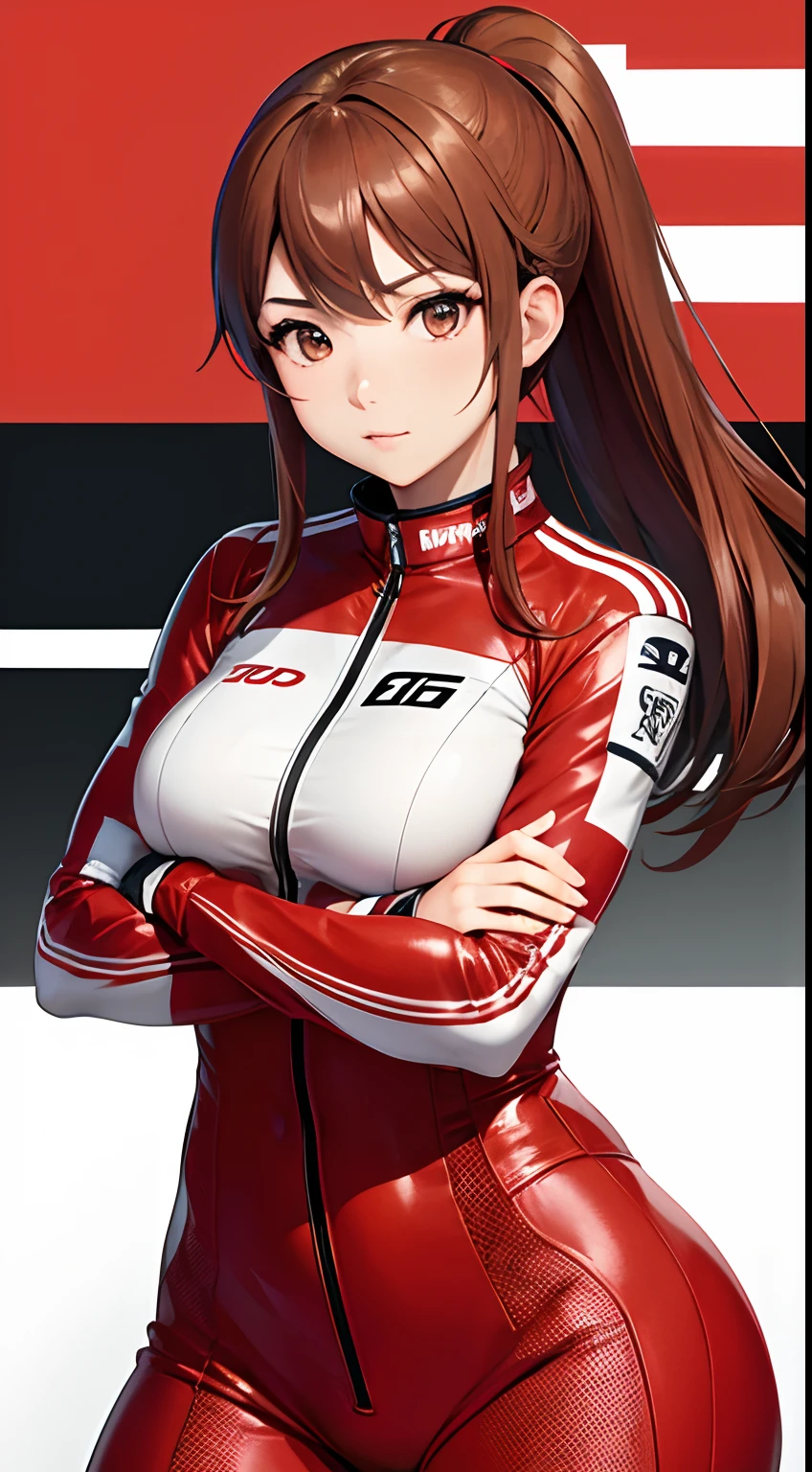 Japan female racer in red racing suit stands in front of red racing bike　circuit　Brown hair　Ai Shinozaki　Monaco Grand Prix　standing with arms crossed　Portrait　portlate