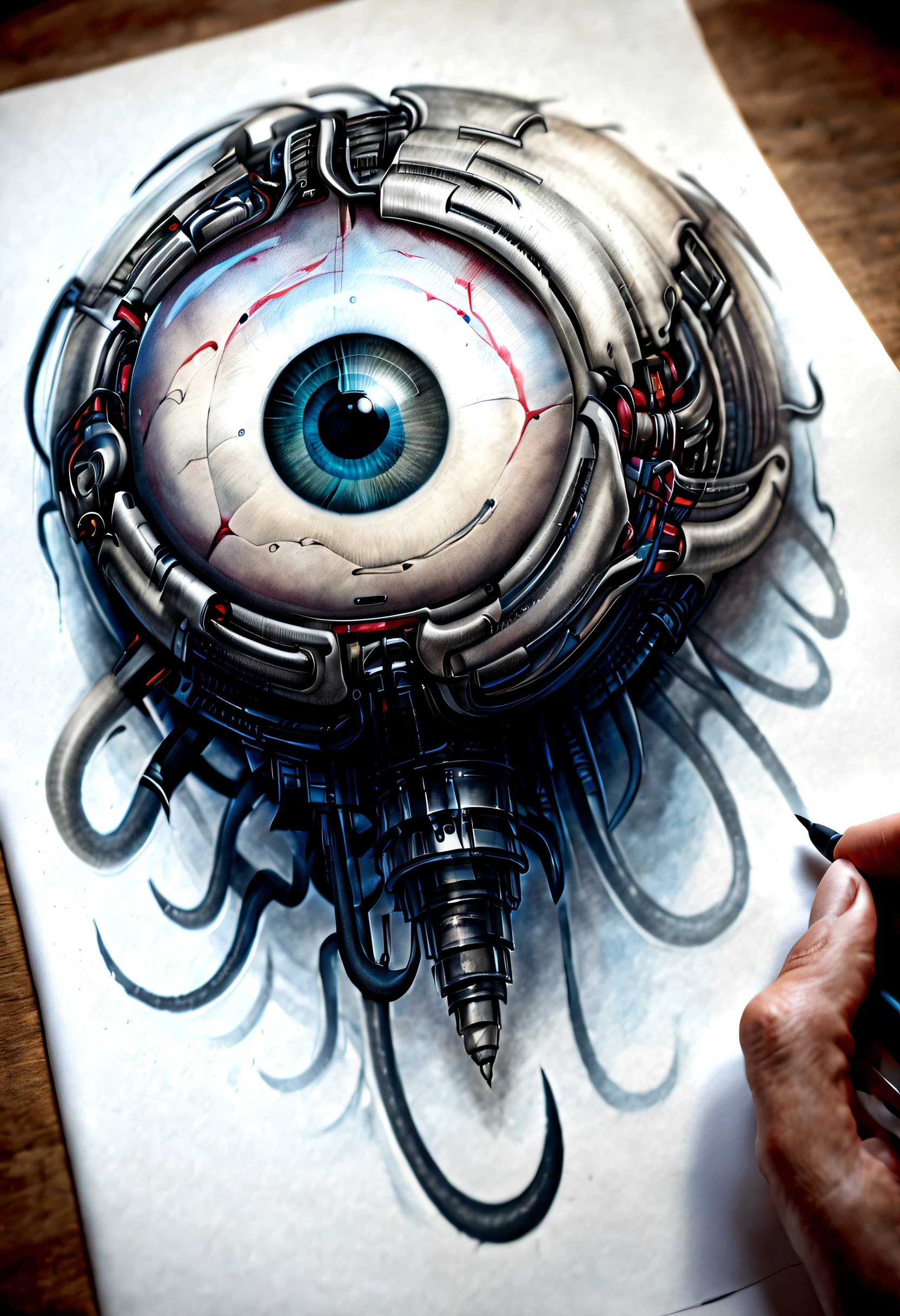 Detailed tattoo sketch of a high tech eyeball