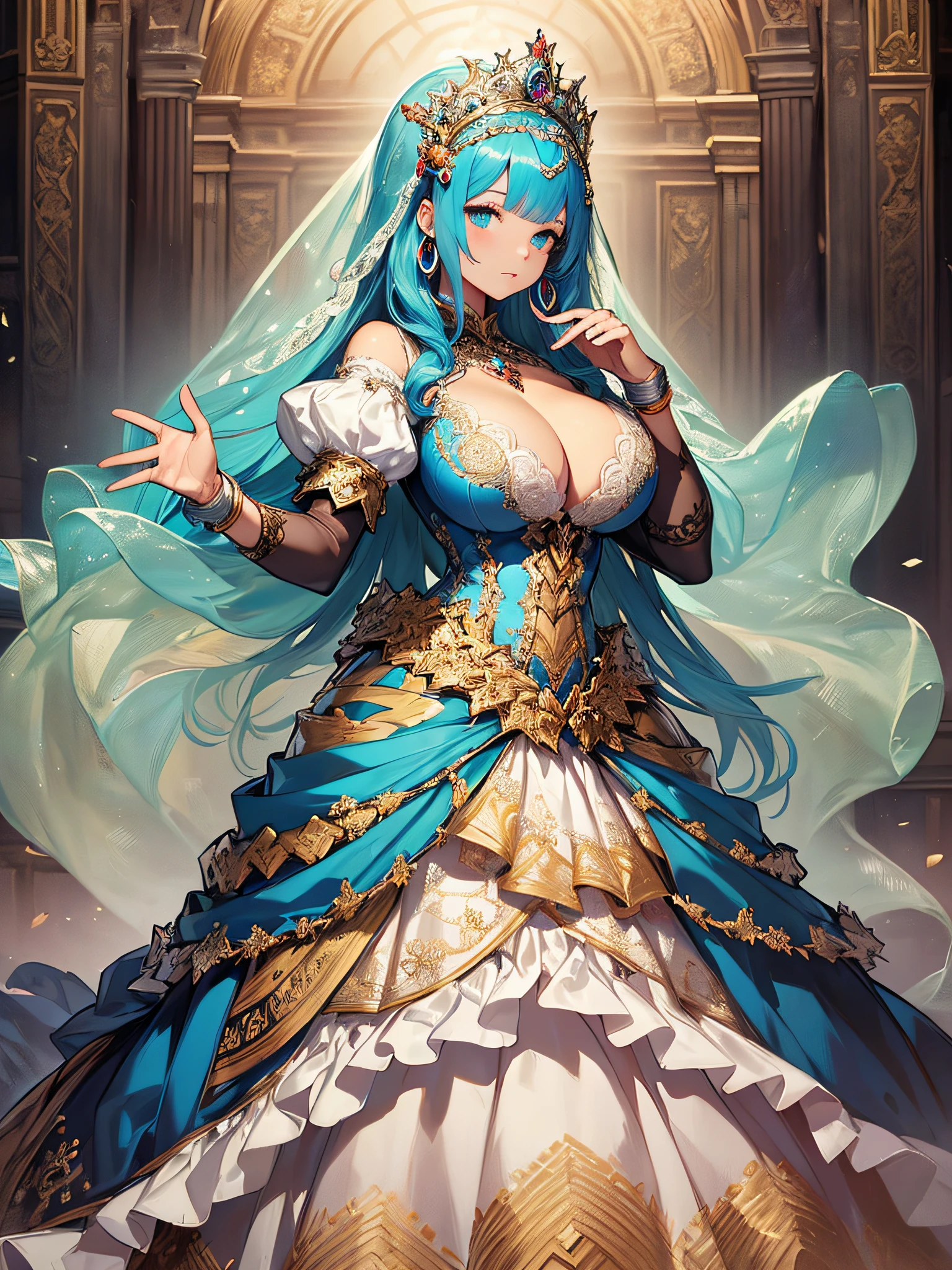 ((anime artstyle)),(Masterpiece),(Best Quality), (Super Detail),((Very Delicate and Beautiful)),cinematic lighting,1 lady,((full body portrait)),((solo)),(((1 princess in extremely gorgeous princess rococo ballgown with voluminous full length hoop skirt))),((crinoline)),long train,((standing in garden)),((beautiful embroidery and jeweled)),voluminous frills,See-through,(gorgeous embroidery and beautiful lace),(((extremely gigantic tits,skindentation))),cleavage,((large amount of straight hair,extremely voluminous Hair,Very Long Straight Hair)),((finely detailed face and eyes)),clear pupil,extremely gorgeousfull hair ornament,(bling-bling jeweled extremely gorgeousfull tiara),(bling-bling gorgeous gemstone jewelry),long veil,(beautiful background),(full body),((extremely gorgeous princess rococo ballgown with voluminous full length hoop skirt))