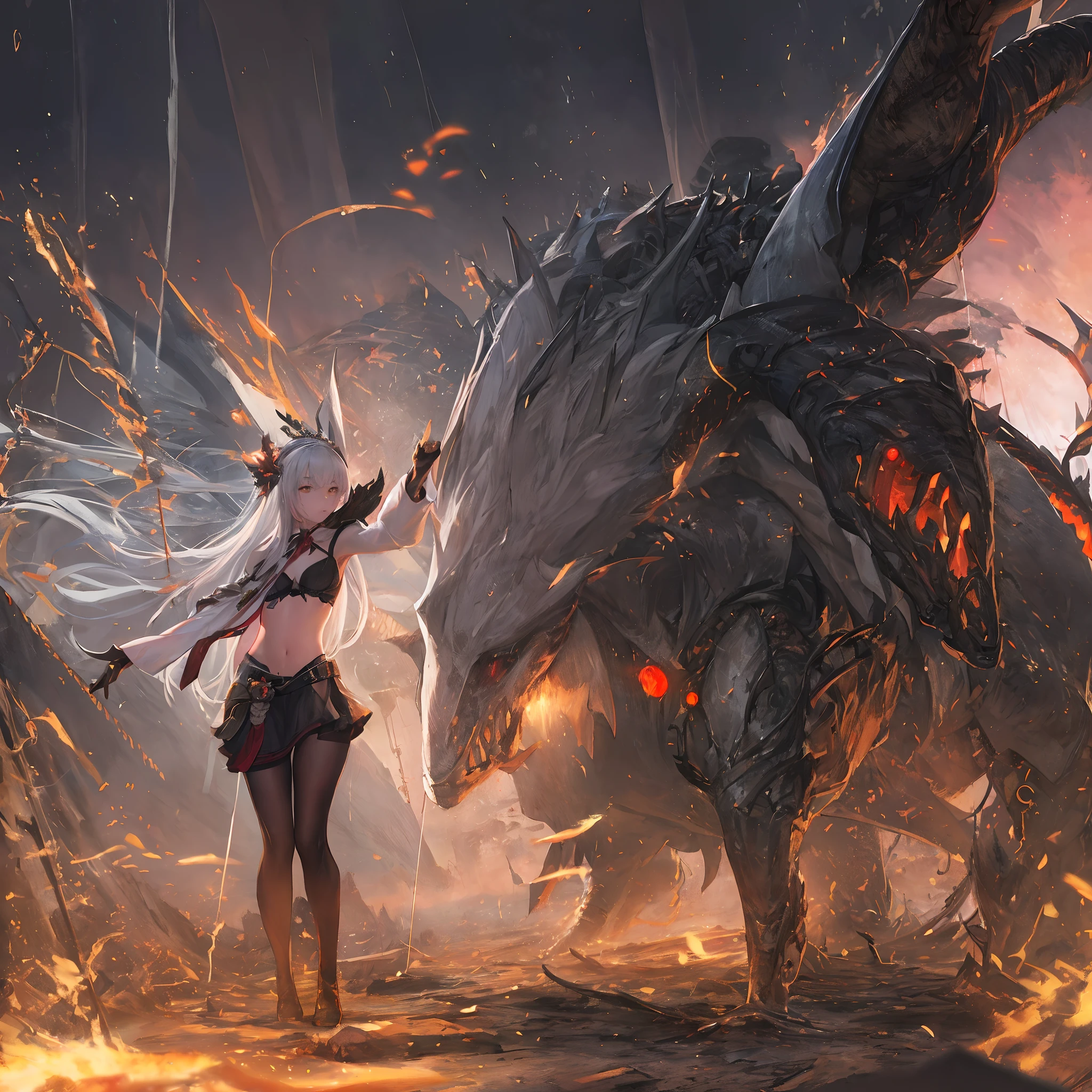 (masutepiece, Best Quality: 1.2), Girl with phoenix wings standing in a ring of fire, with glowing red eyes, phoenix, The lotus flowers, Red gold Pink, Sunrise girl from the mountains in the background, spreading her wings, wearing a coat of white feathers,, Wings full of the back, Radiant Hello, long hair flowing, Mechanical wings dancing delicately at the waist, Medium Figure, Sunken navel, curtains of white feathers on the pelvis move slightly,, Miniwings scattered on the body, Multiple wings with a yellow sheen, Soft yellow fire between the wings.((16 K,Ultra Definition、The highest masterpiece,Best Quality)), maxiskit, dress conservatively 1 girl, 独奏, Full body, wide shoot, Graceful standing, holding sword down, White hair, Long hair, valkyrie, armor, Angel, White bra, side bun, from the front side, extra size body, Night, mont, look at viewr（（Super best quality））， （（A very masterpiece））， （（super detailing：1.4））， （（hyper realistic lifelike 3d））， Dragon Warrior Girl， Mechanical body， Dynamic action poses in battle scenes， Mechanical weapons of very complex and heavy fighters， Off-the-shoulder fashion that fuses dense and complex steampunk with dense gothic lolita， Complex steampunk headgear， very thin long legs， Mechanical boots above the knee， Fluttering Lace Flared Mini Skirt， beautiful small breasts directed upwards，Rather long vertically curly silver hair flutters in the wind，Countless shining large spheres flying around，Many sparks cross and splash，Countless neon signs rained down from the magic-invoking gesture，Steampunk Factory，Complex and precise mechanical ruins，Very dark night background，Very dramatic and cinematic lighting。best qualtiy，tmasterpiece，8K，s fractal art，one girls，Long whit hair，Long legs，blackstockings，Sex slaves，Kneeling Pose，