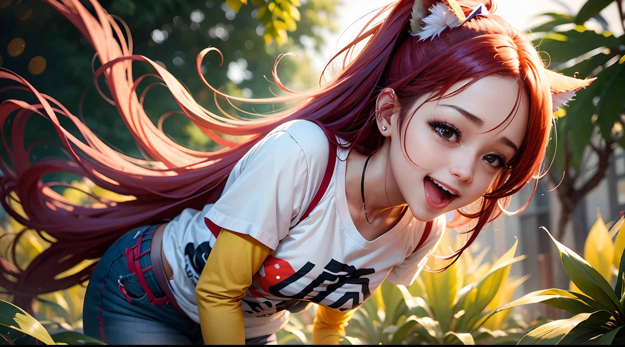 1girl em(((Rindo)))、Climaxing:1.3, atalho、masutepiece、Funds are generated randomly、( Printed corn illustration shirt )、cabelos castanhos e densos、Corte GI Vermelho、Fugindo、Mostrar o vento soprando suas roupas,Fundo bokeh:1.5