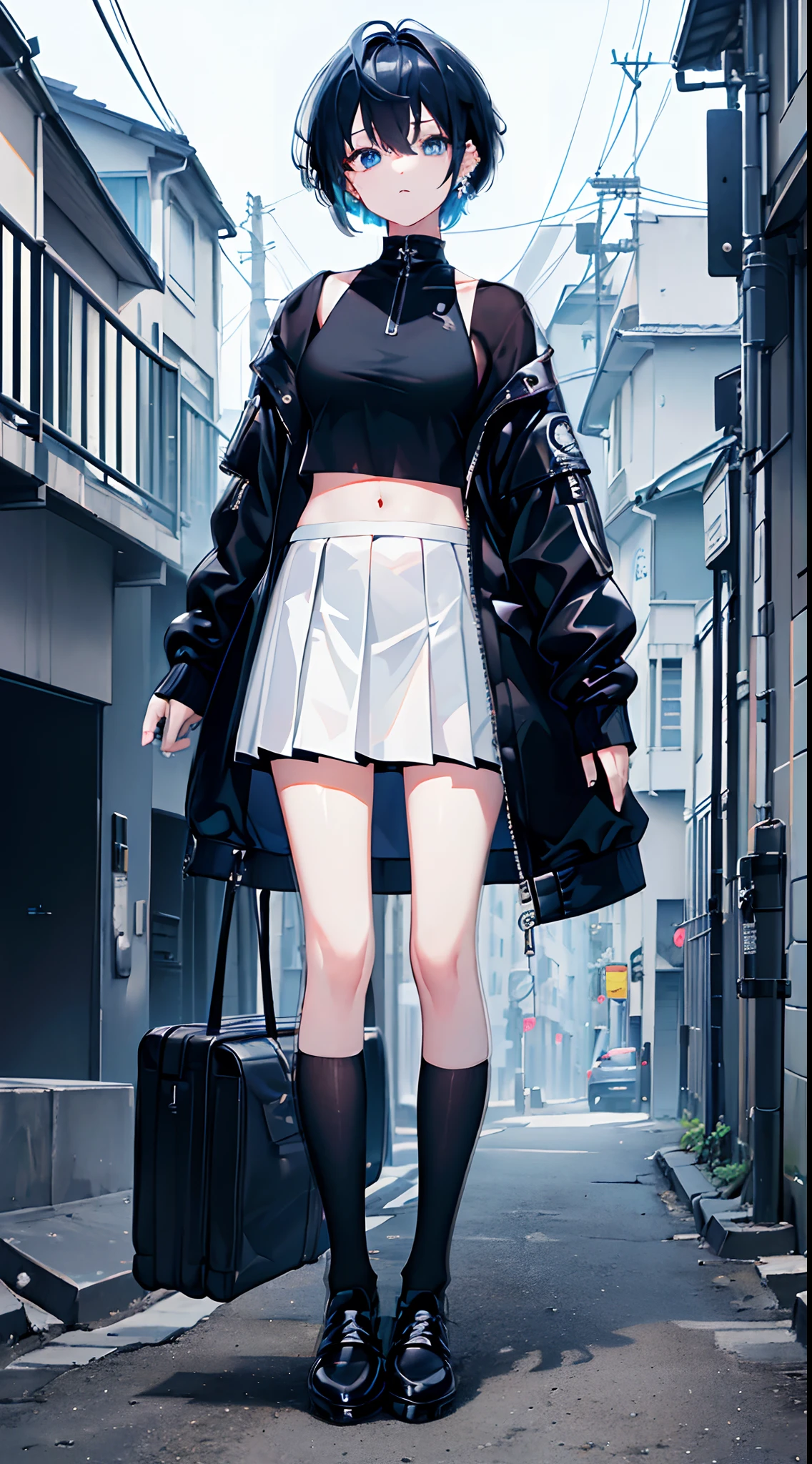 ((8K、high-level image quality、Master Pieces))1人の女性((独奏))、short-hair、Black hair, Blue inner hair、Blue eyes、ear piercings、White tube top、Navel Ejection、Black jacket、Black Miniskirt、Leather shoes、Back alley background、Standing alone