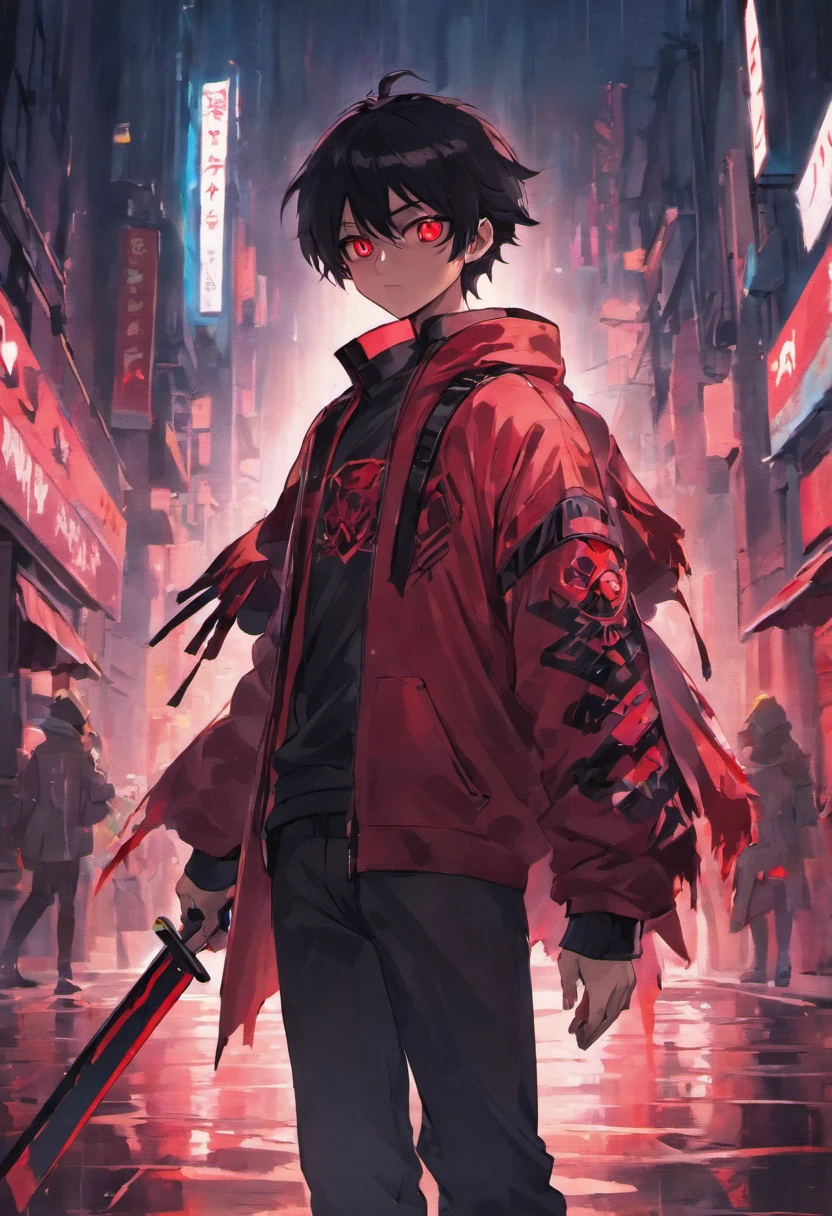 Anime boy with red glowing eyes, Black hair, holding cyber red glowing katana, looking towards camera, standing in middle of street without people in Cyberpunk city while raining