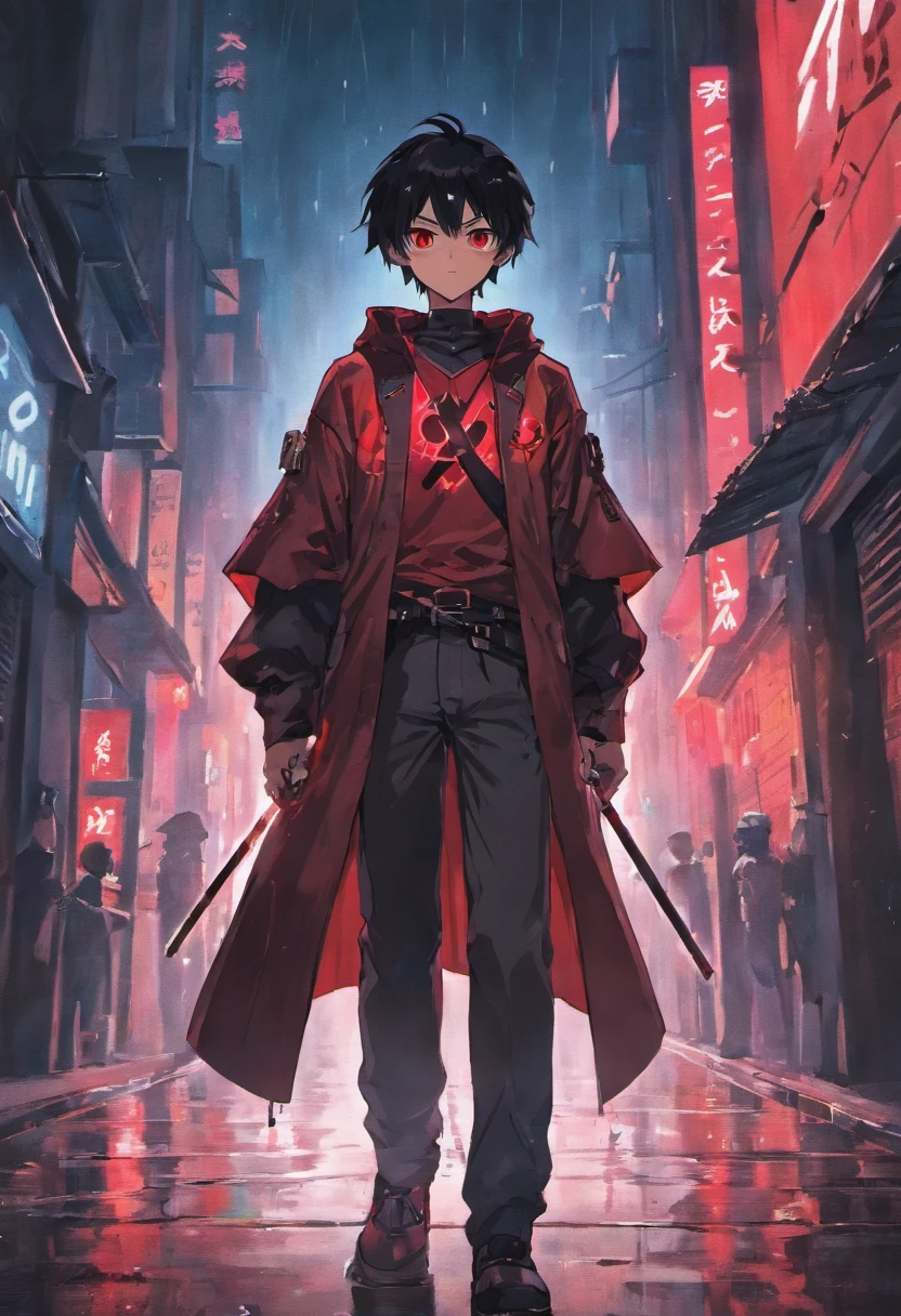 Anime boy with red glowing eyes, Black hair, holding cyber red glowing katana, looking towards camera, standing in middle of street without people in Cyberpunk city while raining
