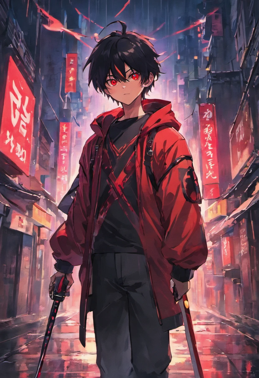 Anime boy with red glowing eyes, Black hair, holding cyber red glowing katana, looking towards camera, standing in middle of street without people in Cyberpunk city while raining