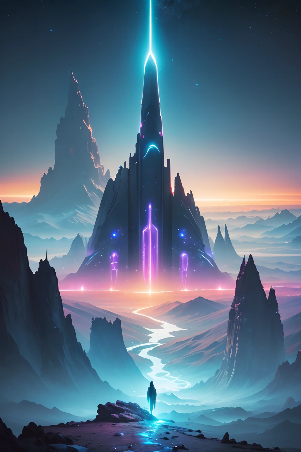 (high-res,4k,best quality,masterpiece:1.2),vibrant colors,sci-fi,landscape,alien planet,exotic plants,celestial mountains,strange atmosphere,glowing crystals,unique rock formations,extraterrestrial animals,unfamiliar landscapes,unexplored territories,alien civilizations,otherworldly beings,advanced technology,cosmic energy,hovering spacecraft,interstellar vistas,ethereal light,mysterious skies,futuristic cities,colossal structures,neon lights,intergalactic travel,unprecedented beauty,limitless imagination,awe-inspiring sights,most incredible wonders,breathtaking views,surreal worlds,unimaginable landscapes\Carbon-based life forms,other-dimensional creatures,alien architecture,luminous plants and flowers,bioluminescent glow,space-age transportation,cosmic events,unbelievable horizons