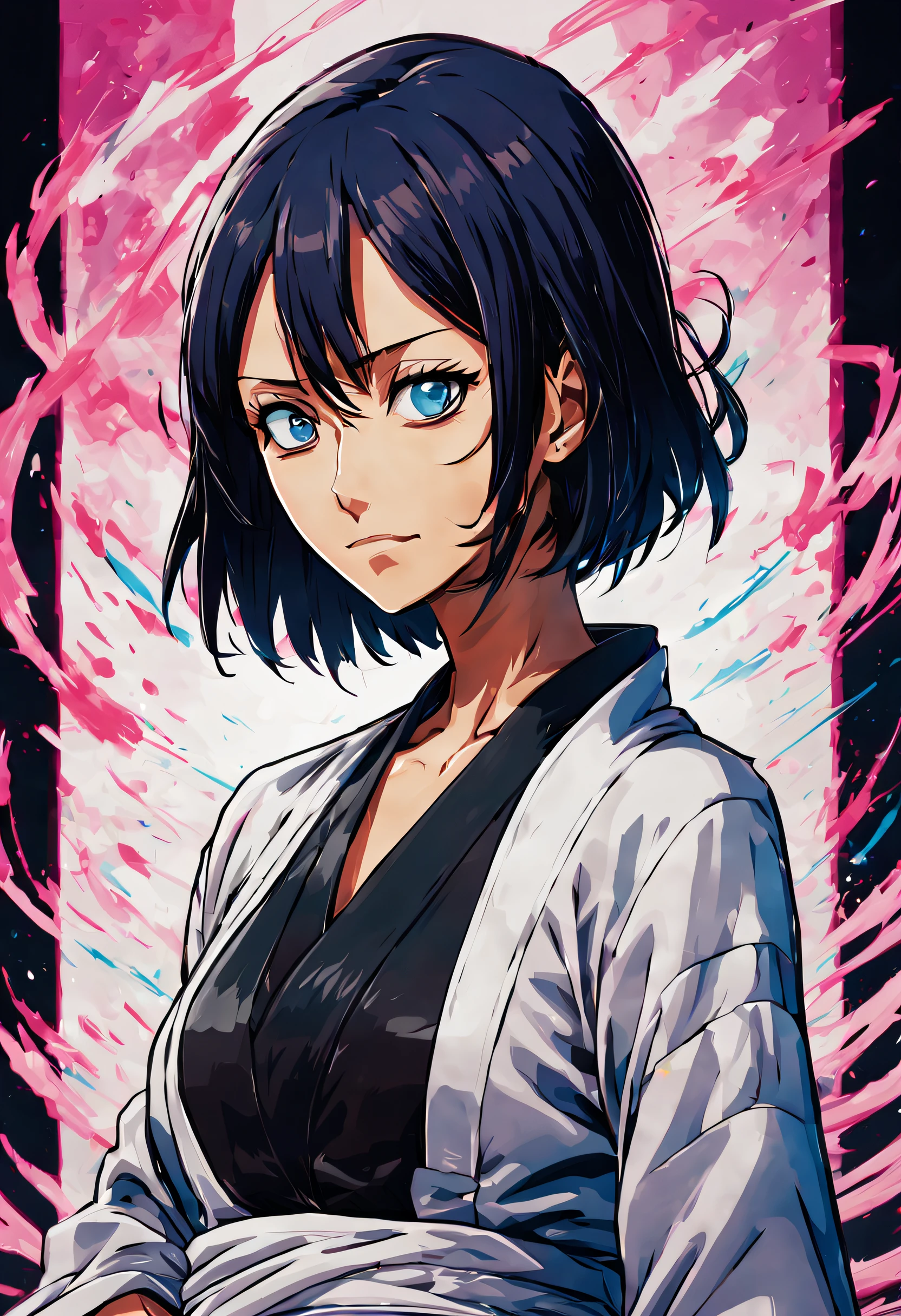 ultra detailed illustration of Kuchiki Rukia from Bleach anime, Rukia Kuchiki, manga, ink strokes, cel-shaded, flat colors, flat lights, bright colors, ((manga style)) anime style by Tite Kubo, MSchiffer, First Mai, Tsukihaku