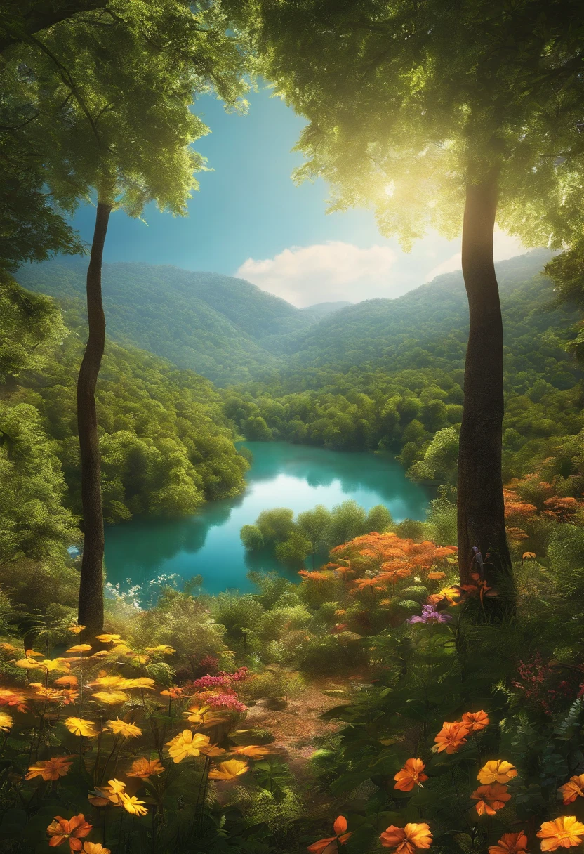 texto "verano" on a forest landscape at noon, flores, Mariposas, lago, Renderizado 3D, Arte digital, vivid colors