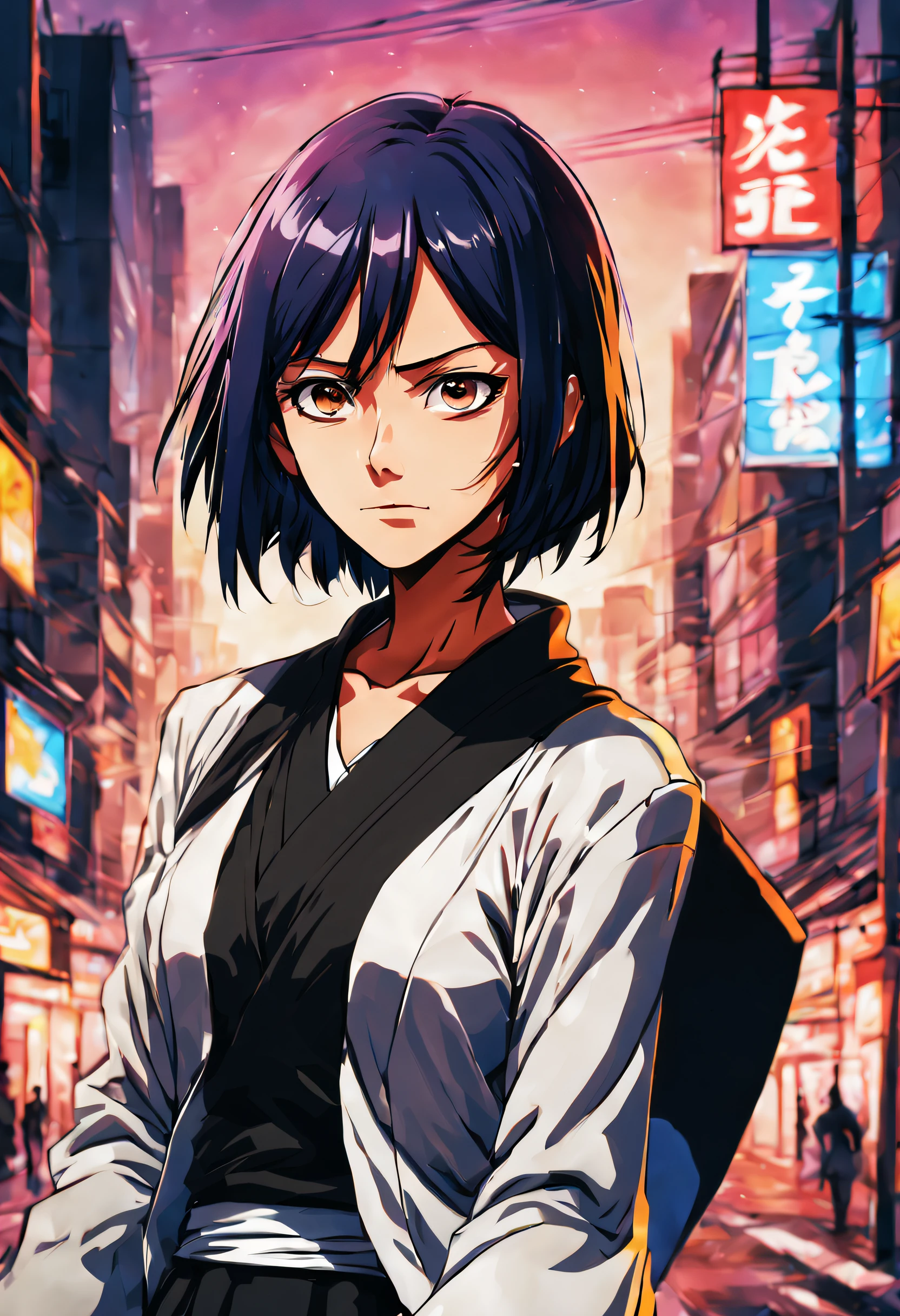 ultra detailed illustration of Kuchiki Rukia from Bleach anime, Rukia Kuchiki, manga, ink strokes, cel-shaded, flat colors, flat lights, bright colors, ((manga style)) anime style by Tite Kubo, MSchiffer, First Mai, Tsukihaku