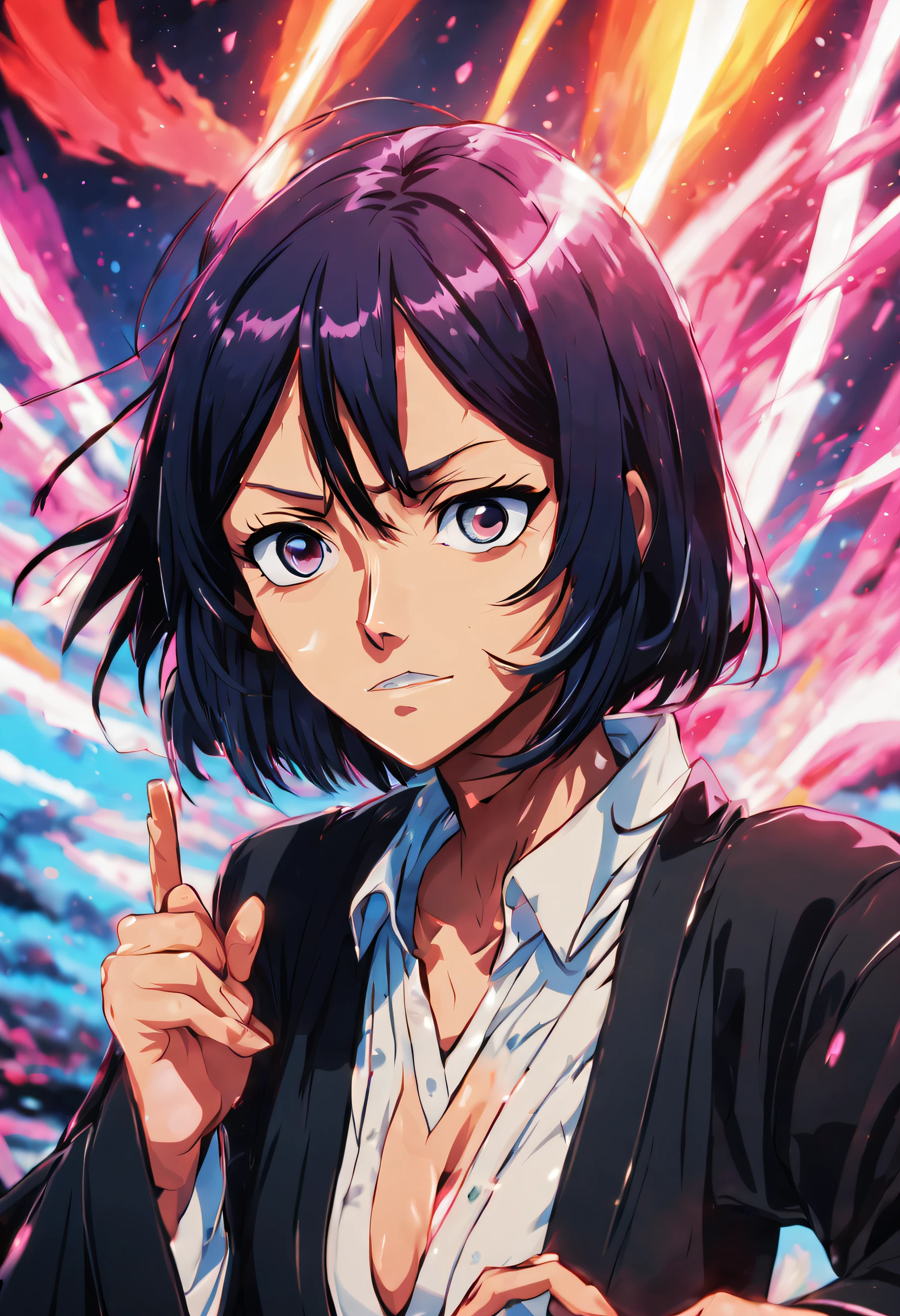 ultra detailed illustration of Kuchiki Rukia from Bleach anime, Rukia Kuchiki, manga, ink strokes, cel-shaded, flat colors, flat lights, bright colors, ((manga style)) anime style by Tite Kubo, MSchiffer, First Mai, Tsukihaku