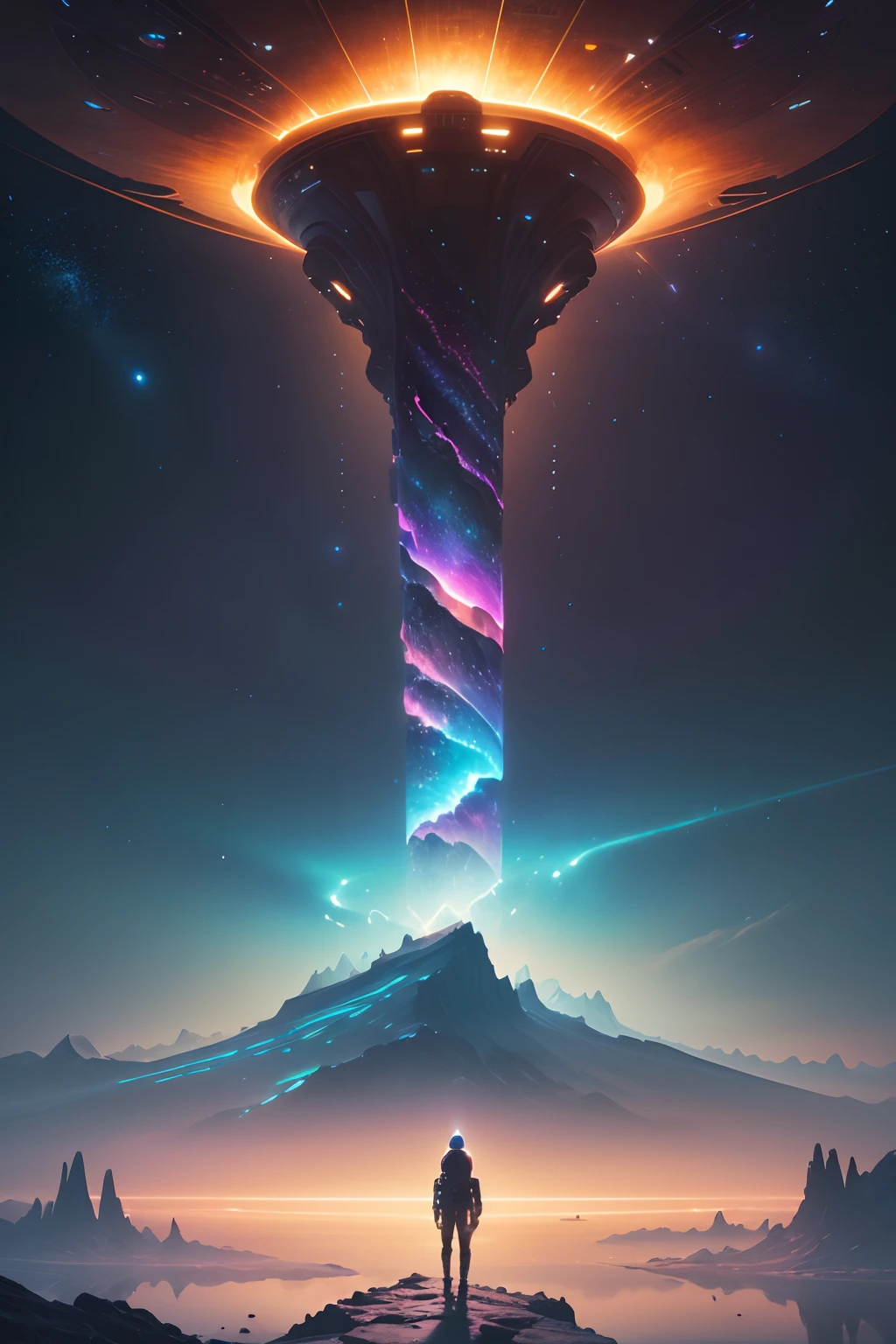 (high-res,4k,best quality,masterpiece:1.2),vibrant colors,sci-fi,landscape,alien planet,exotic plants,celestial mountains,strange atmosphere,glowing crystals,unique rock formations,extraterrestrial animals,unfamiliar landscapes,unexplored territories,alien civilizations,otherworldly beings,advanced technology,cosmic energy,hovering spacecraft,interstellar vistas,ethereal light,mysterious skies,futuristic cities,colossal structures,neon lights,intergalactic travel,unprecedented beauty,limitless imagination,awe-inspiring sights,most incredible wonders,breathtaking views,surreal worlds,unimaginable landscapes\Carbon-based life forms,other-dimensional creatures,alien architecture,luminous plants and flowers,bioluminescent glow,space-age transportation,cosmic events,unbelievable horizons