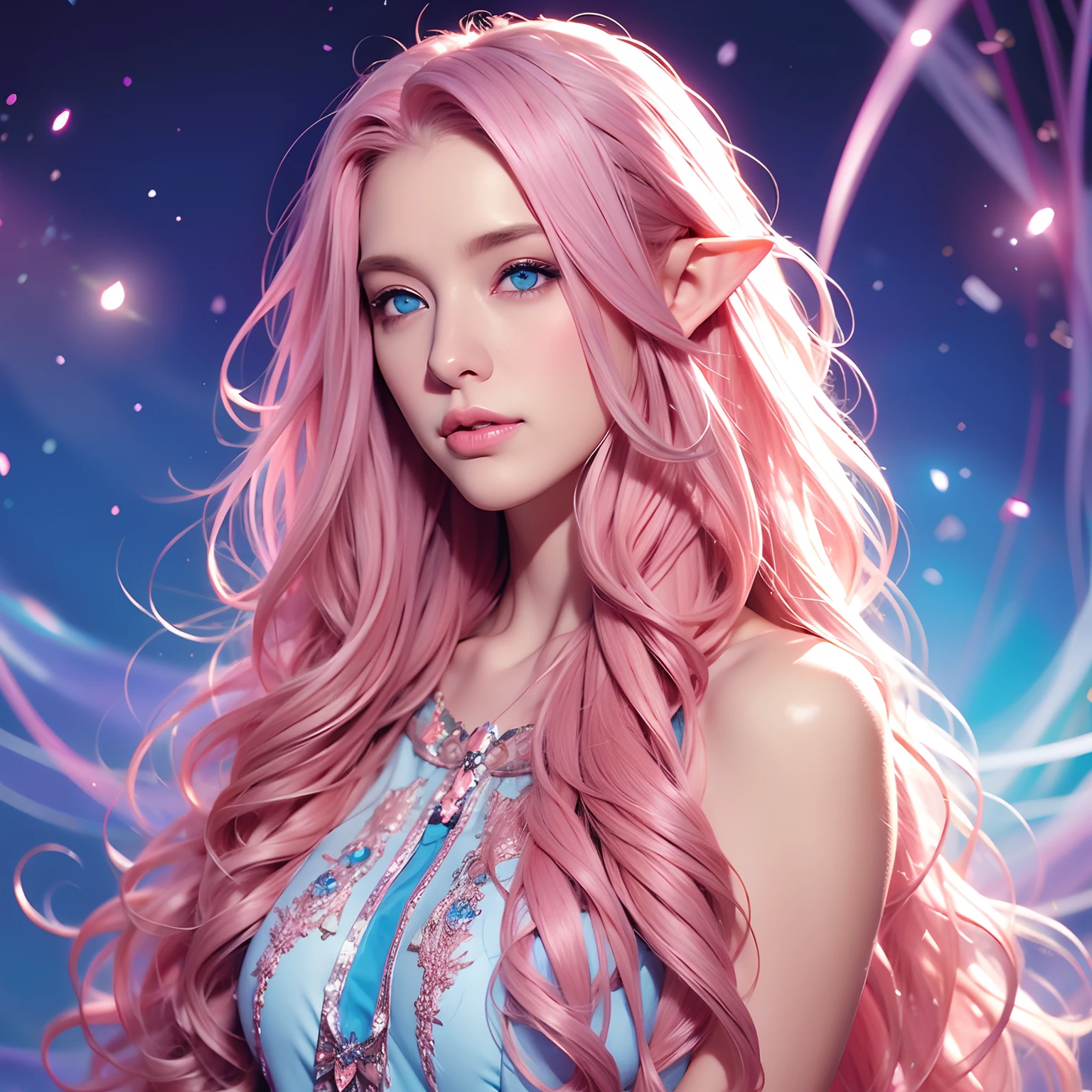 Woman, long curly hair, pink hair, blue eyes, elf, magical background