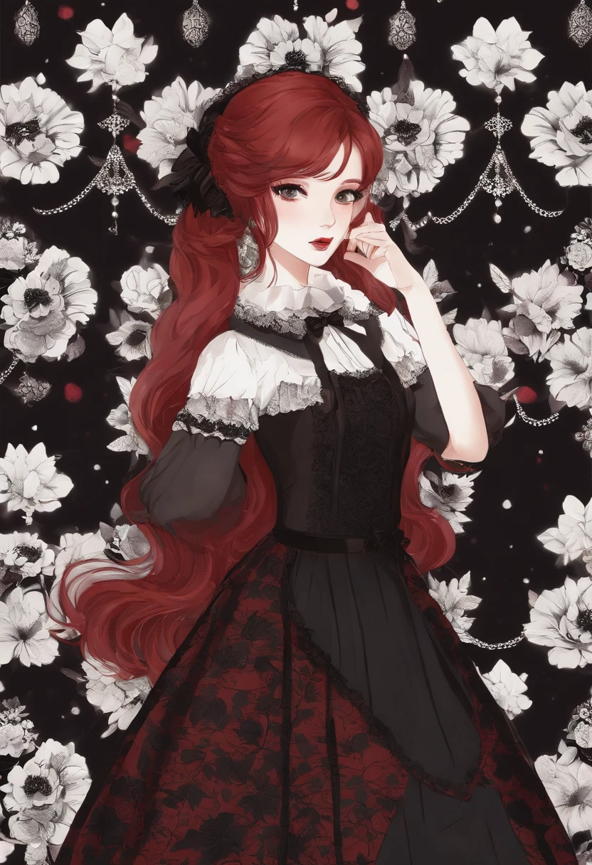 a girl, white skin, red hair, her eyes. dress that has combined crimson and black patterns, which gives it a gothic ta look. TNK Study
Set the background in the style of a Japanese school.