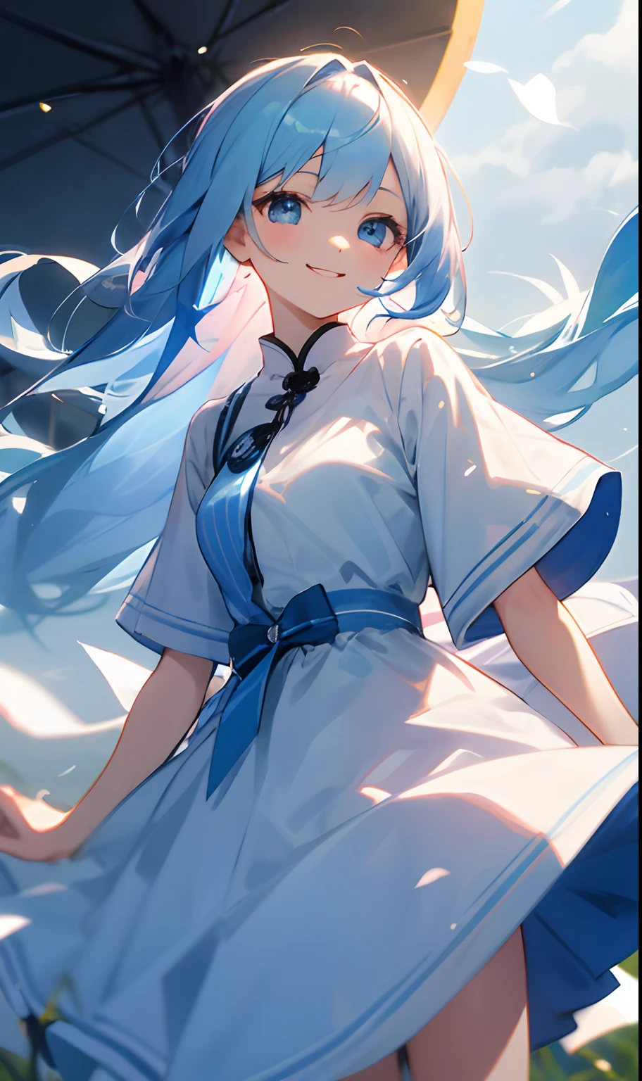 femele, kind, funny, Beautiful, looking after, Long blue hair, , Dressed in light white and pink clothing, Blue eyeball、Ephemeral atmosphere、a smile、Cute atmosphere、The wind is blowing、