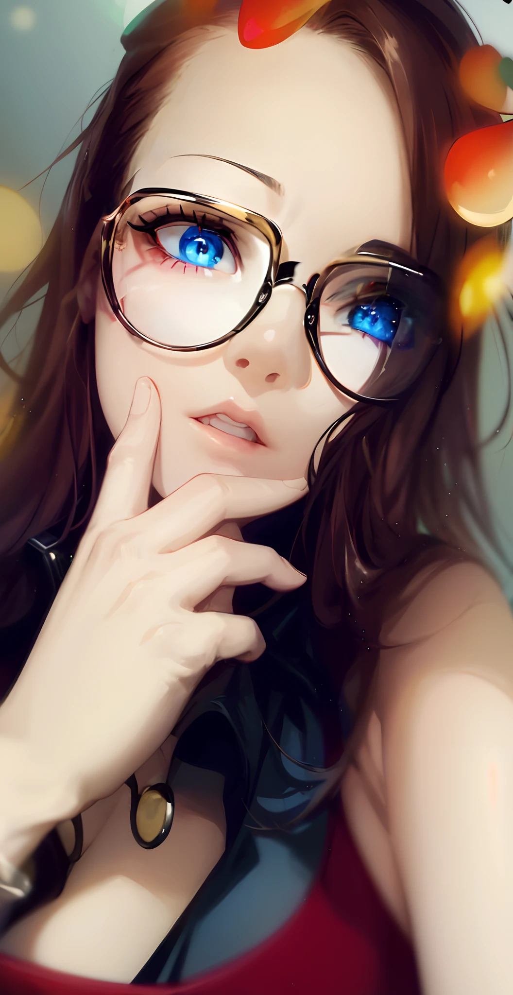 (masterpiece, best quality), 1girl, beautiful face, beautiful body, long brown hair, glowing blue eyes, purple dress, glasses, headphones