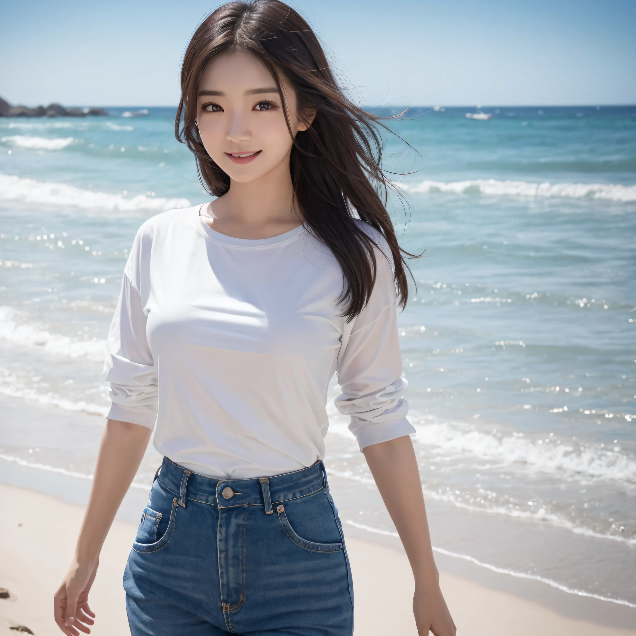 One lady、((best qualtiy、8k masterpieces:1.3))、foco nítido:1.2、(ultra beautiful faces:1.0)、(shinny skin:1.0)、photos realistic、A dark-haired、Video Lighting、High-definition eyes and face、Video Lighting、(Korean Cute Actress)、from the front side、medium breasts、Smile、Slender Abs Beauty、Whole body、wearing t-shirts、On the beach in the morning