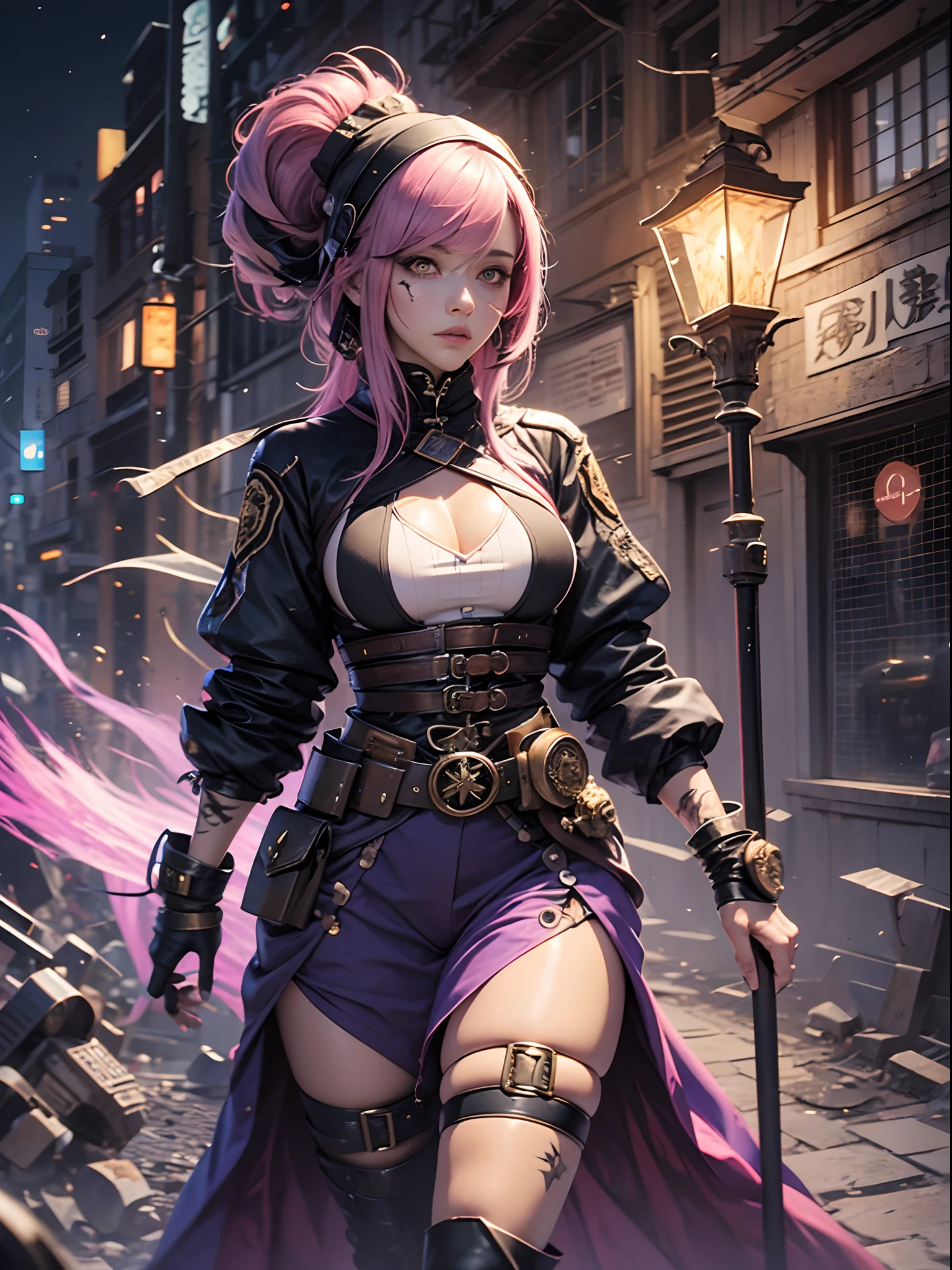 full body, girl, bright purple-pink hair, shaved temples, orange eyes, scar on the eye, unusual bandit clothes, perfect face, full body --auto --s2