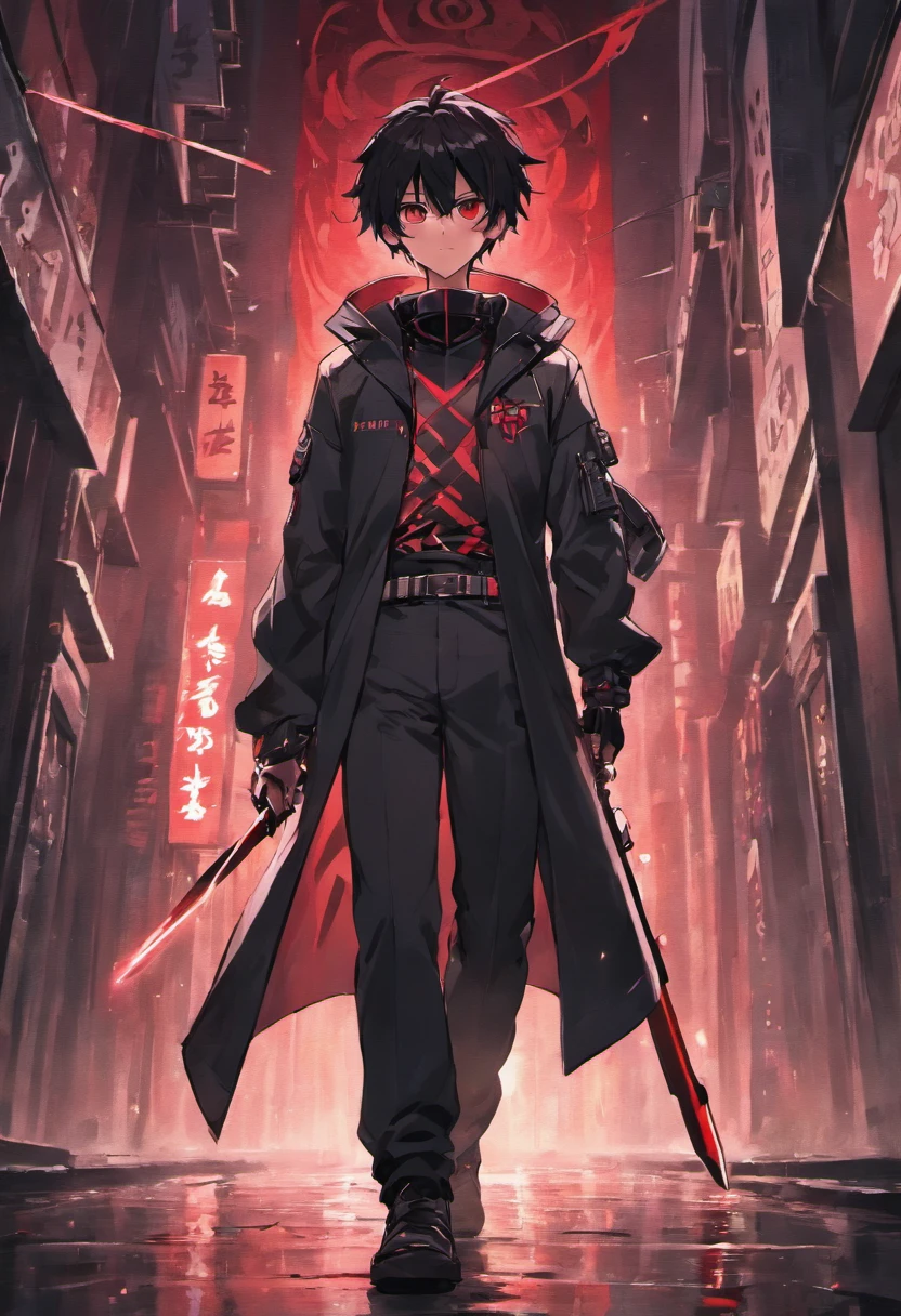 Anime teenage boy with red glowing eyes, Black hair, holding cyber red glowing katana and cyber guns on his legs, with Black clothes with red glowing Japanese letters, looking towards camera, standing in middle of street without people in Cyberpunk city while raining