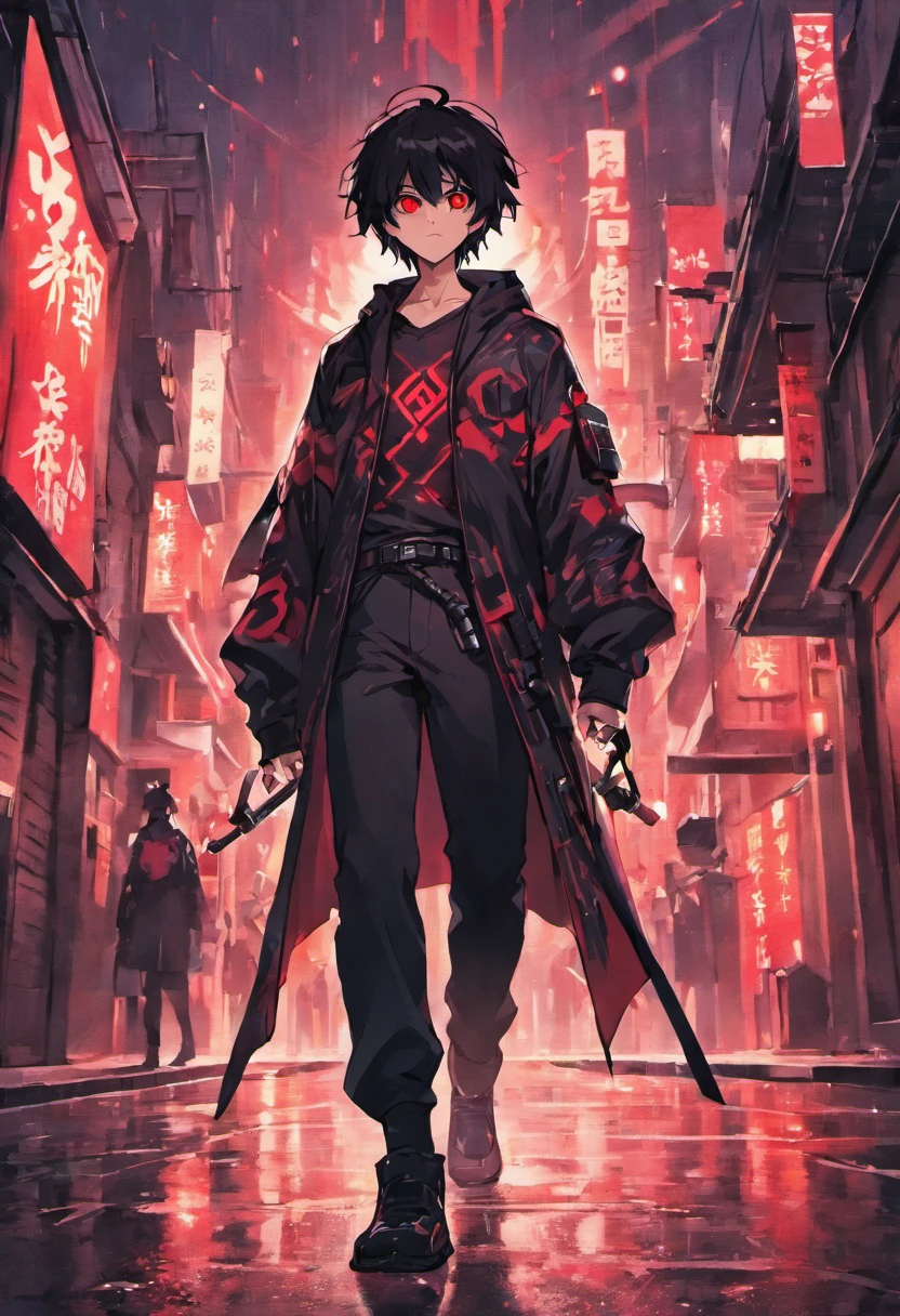 Anime  boy with red glowing eyes, Black hair, holding cyber red glowing katana and cyber guns on his legs, with Black clothes with red glowing Japanese letters, looking towards camera, standing in middle of street without people in Cyberpunk city while raining