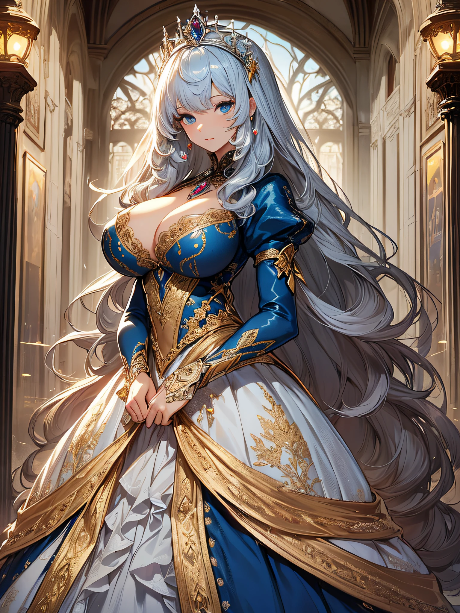 ((anime artstyle)),(Masterpiece),(Best Quality), (Super Detail),((Very Delicate and Beautiful)),cinematic lighting,1 lady,((full body portrait)),((standing in garden)),((solo)),(((1 princess in extremely gorgeous princess rococo ballgown))),((crinoline)),long train,((beautiful embroidery and jeweled)),voluminous frills,See-through,(gorgeous embroidery and beautiful lace),(((extremely gigantic tits,skindentation))),cleavage,((large amount of straight hair,extremely voluminous Hair,Very Long Straight Hair)),((finely detailed face and eyes)),clear pupil,extremely gorgeousfull hair ornament,(bling-bling jeweled extremely gorgeousfull tiara),(bling-bling gorgeous gemstone jewelry),long veil,(beautiful background),(full body),((extremely gorgeous princess rococo ballgown))