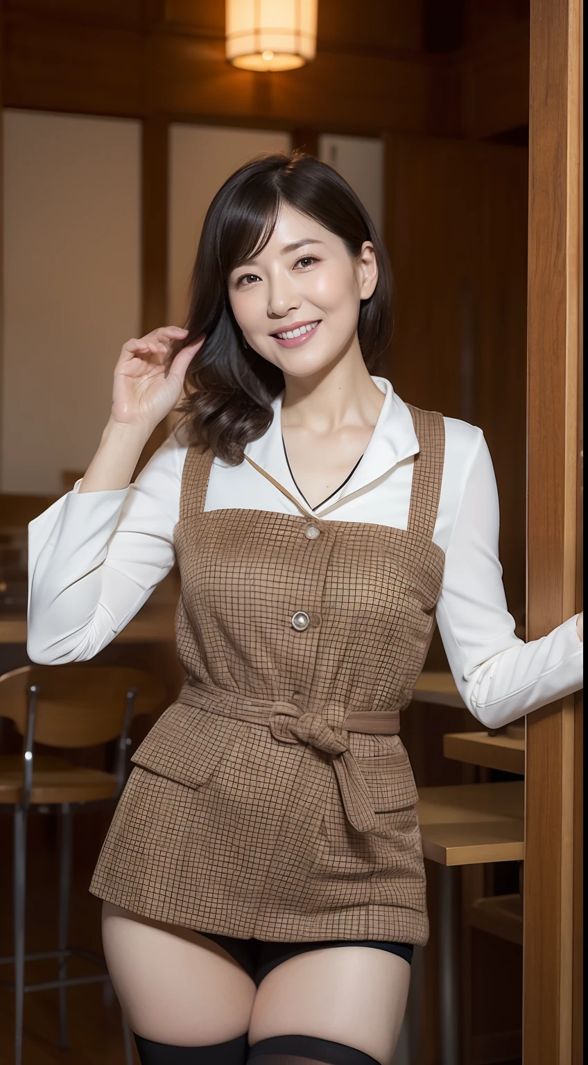 Masterpiece,Best quality, (maam. clerk:1), ((Portrait:1.3)), Cross arms, Smile,Tang suit,Long legs,skin hyper-detail,Clear pores,in a panoramic view,Cocked buttocks,black lence stockings,Beautiful young Japanese woman over 40 years old, Perfect face, Fantastic look, (Detailed facial features), Clean and nice face,The fingers are very beautiful